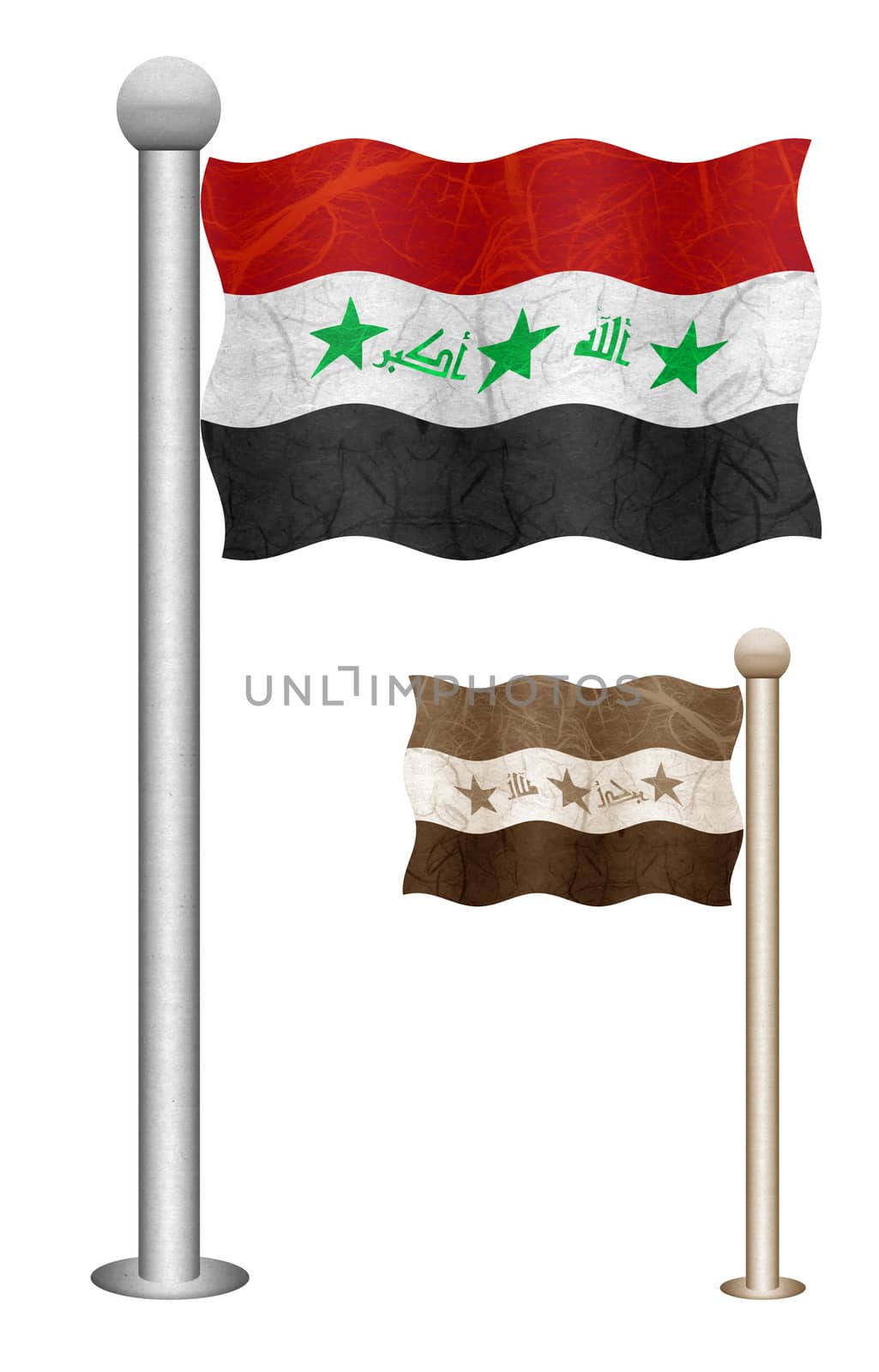 Iraq flag waving on the wind. Flags of countries in Asia. Mulberry paper on white background.