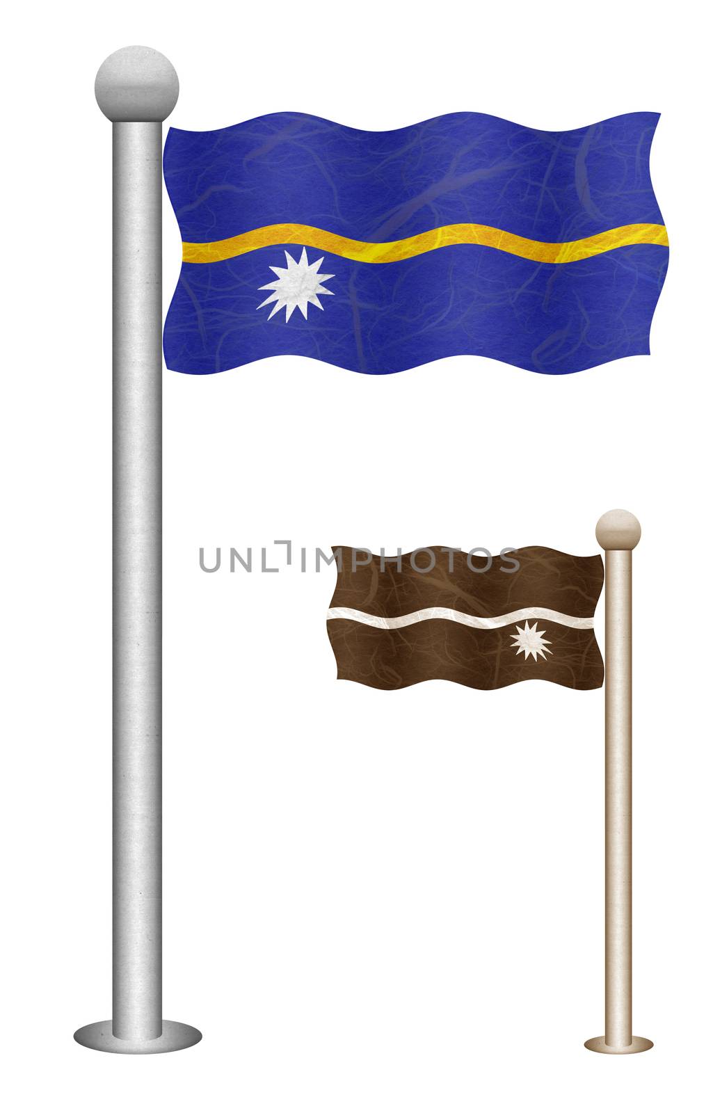 Nauru flag waving on the wind. Flags of countries in Oceania. Mulberry paper on white background.