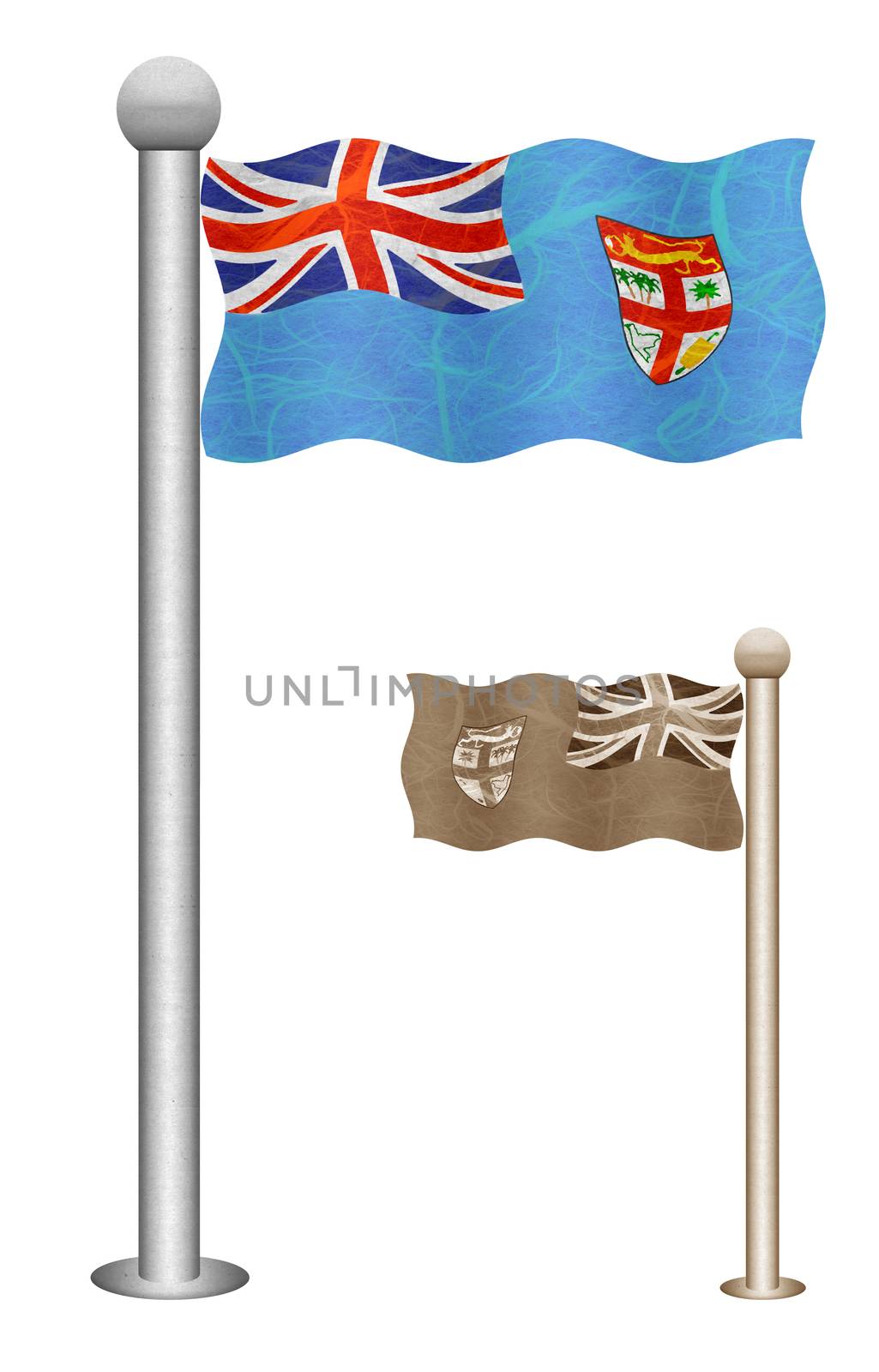 Fiji flag waving on the wind. Flags of countries in Oceania. Mulberry paper on white background.