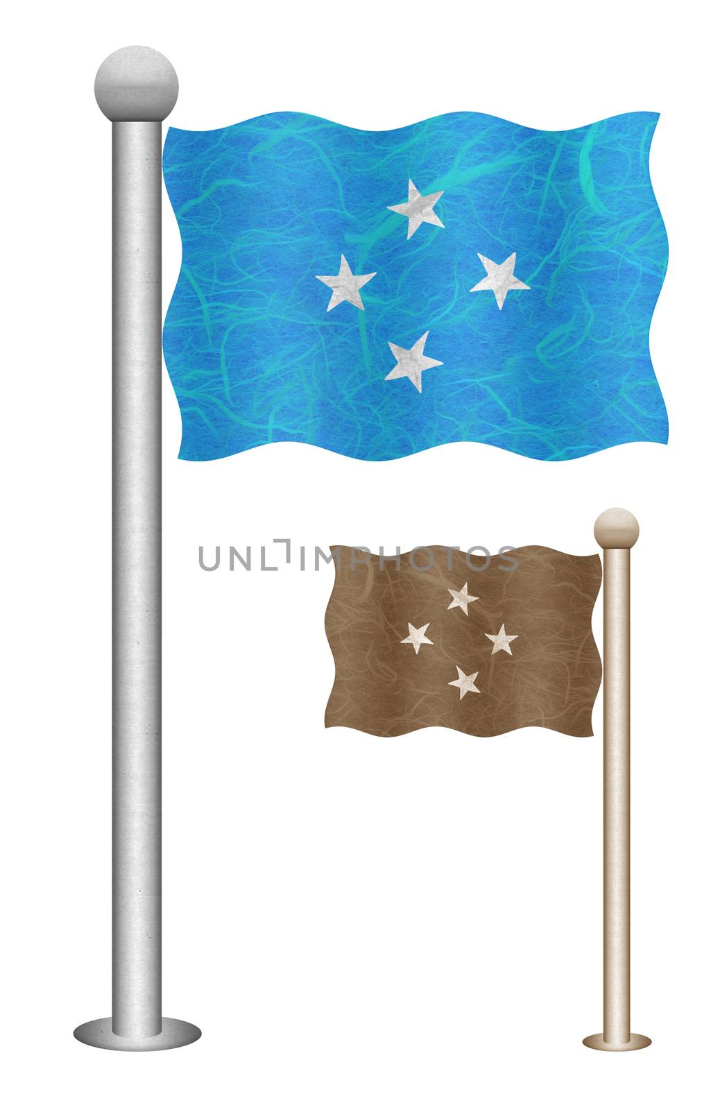 Micronesia flag waving on the wind. Flags of countries in Oceania. Mulberry paper on white background.