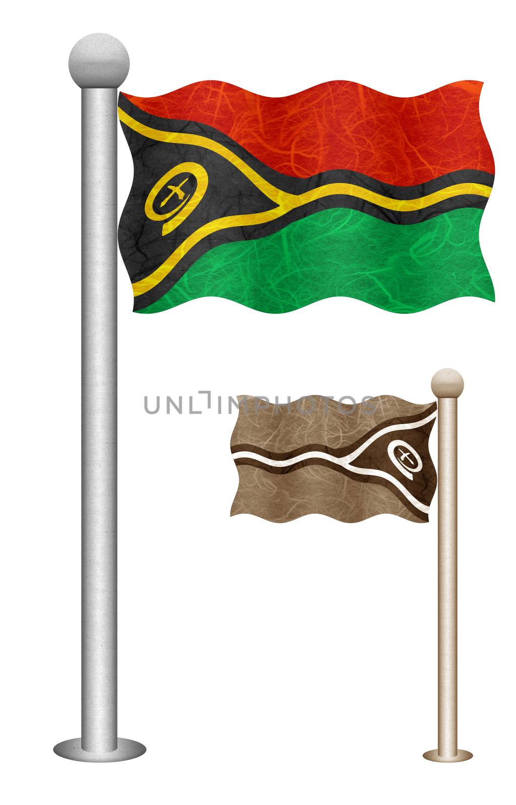 Vanuatu flag waving on the wind. Flags of countries in Oceania. Mulberry paper on white background.