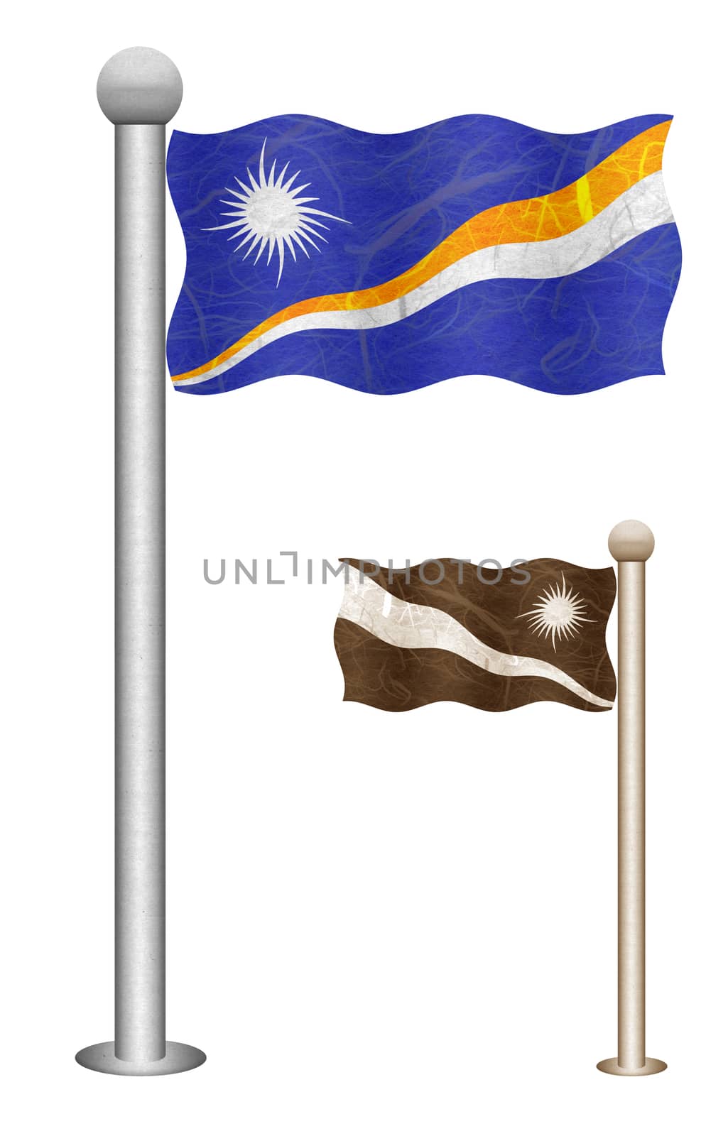 Marshall Islands flag waving on the wind. Flags of countries in Oceania. Mulberry paper on white background.
