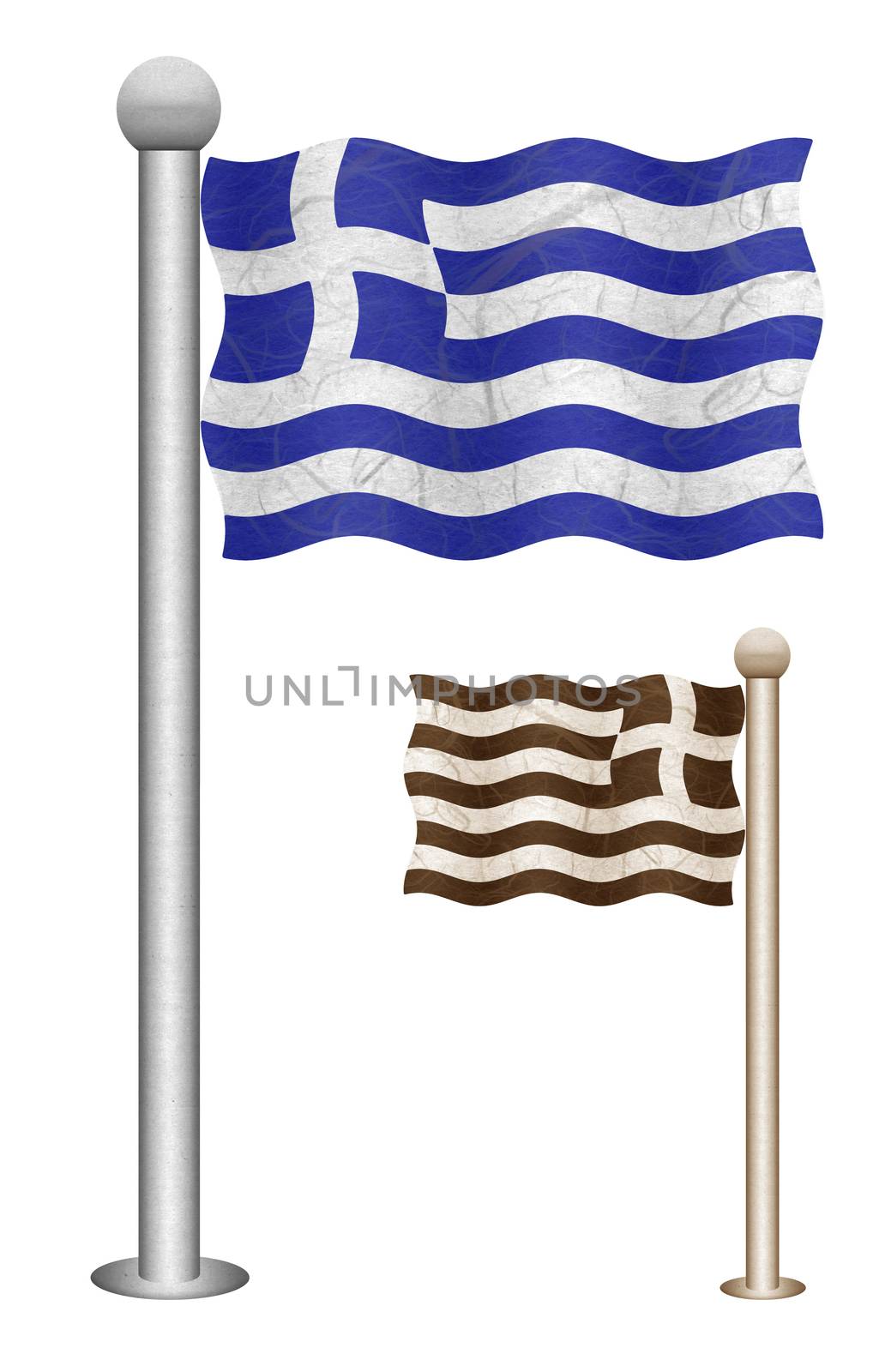 Greece flag waving on the wind. Flags of countries in Europe. Mulberry paper on white background.