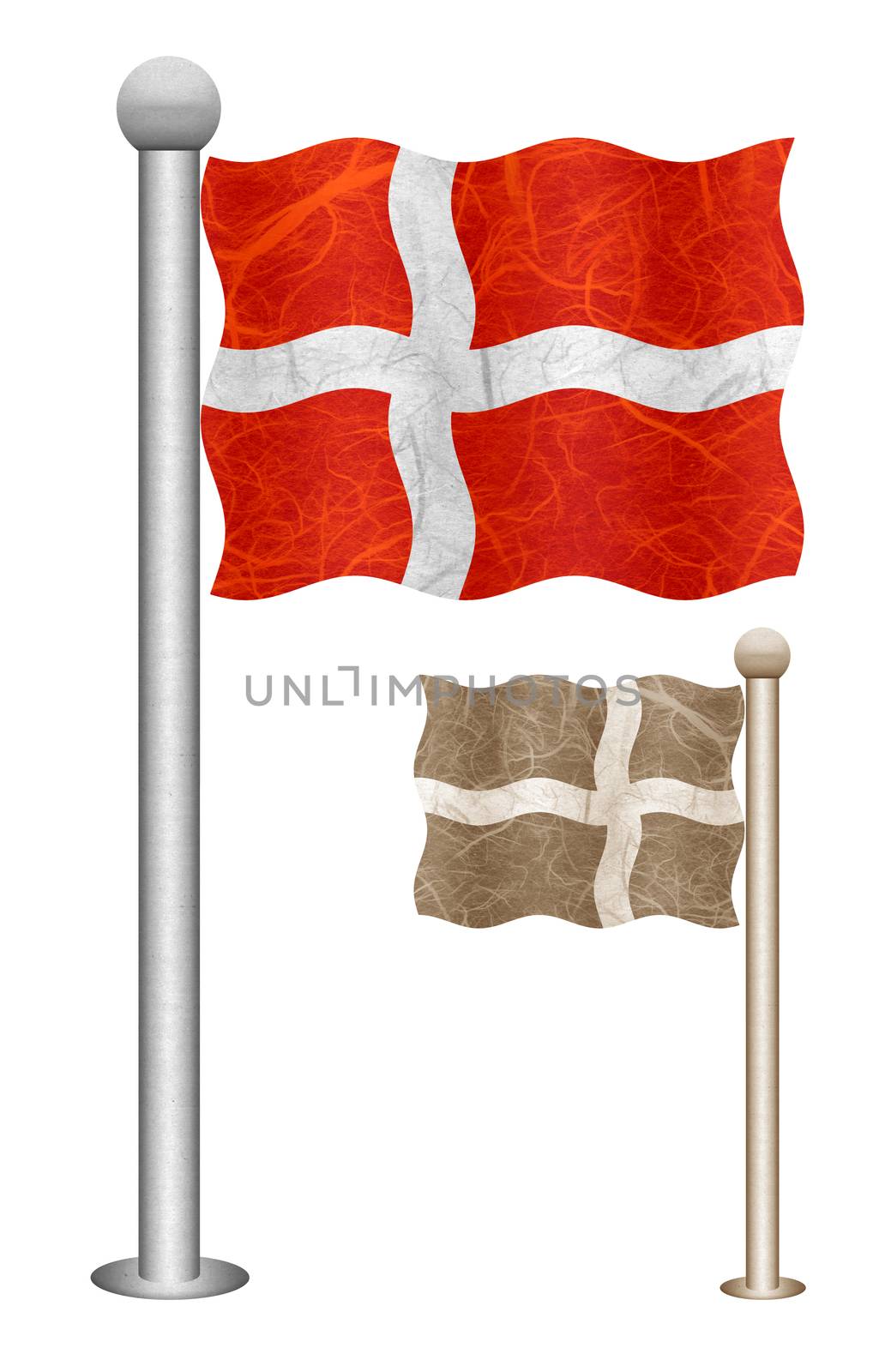 Denmark flag waving on the wind. Flags of countries in Europe. Mulberry paper on white background.