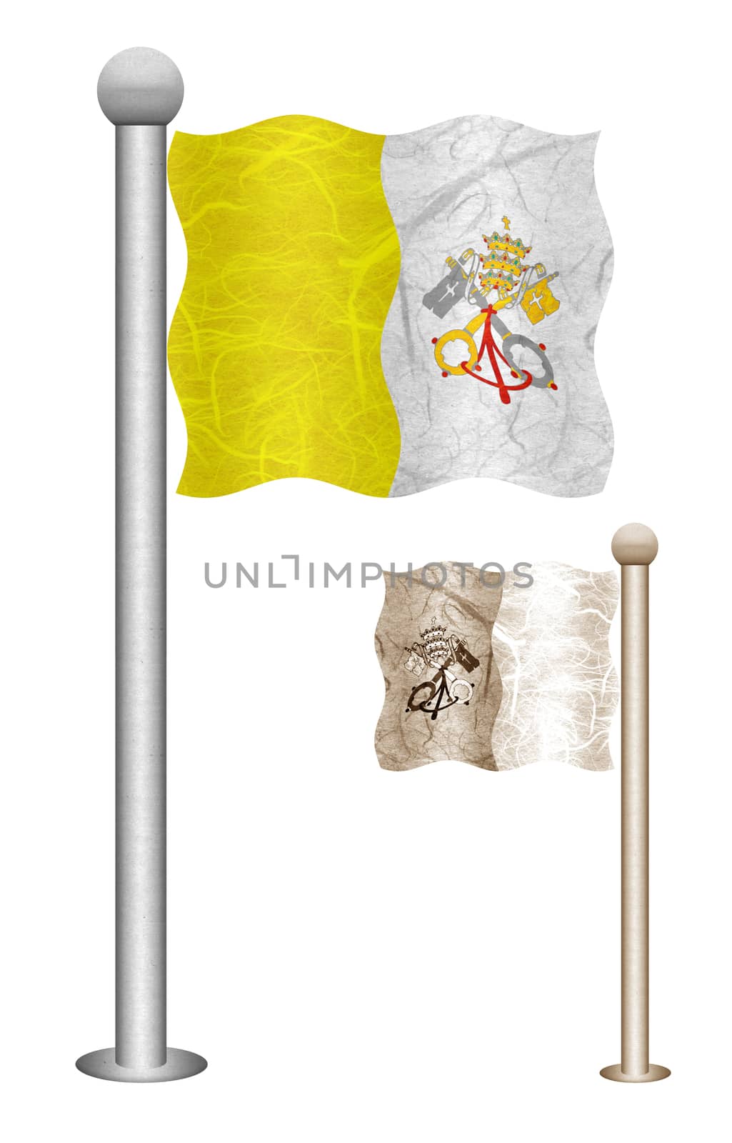 Vatican City State flag waving on the wind. Flags of countries in Europe. Mulberry paper on white background.