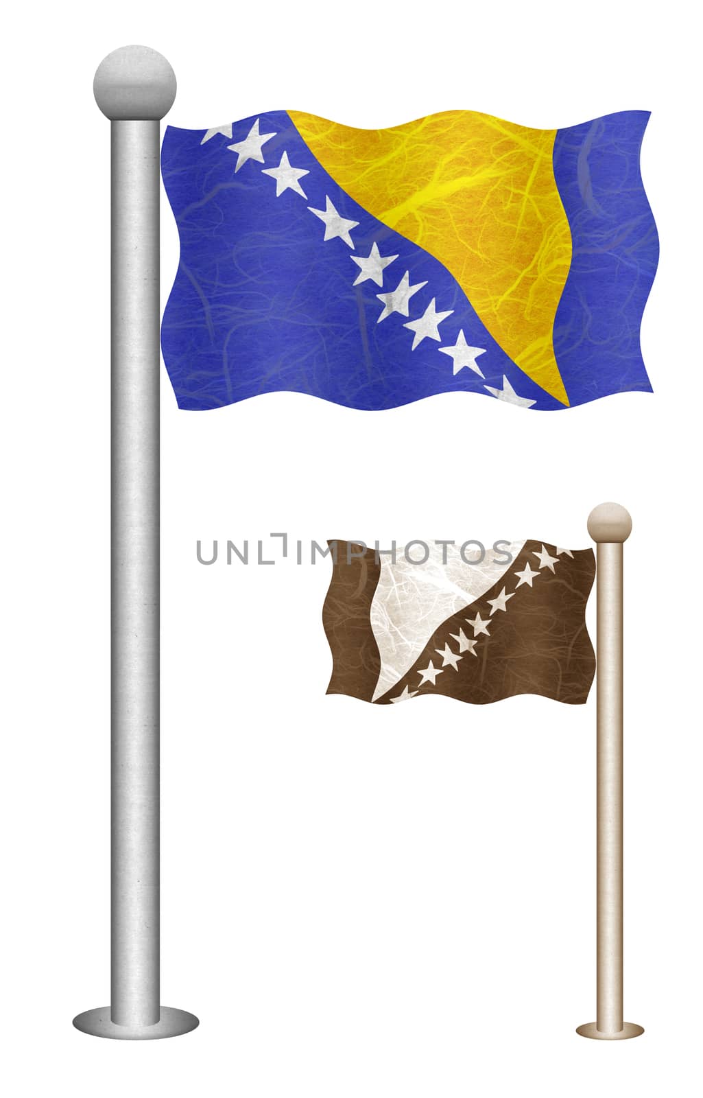 Bosnia and Herzegovina flag waving on the wind. Flags of countries in Europe. Mulberry paper on white background.