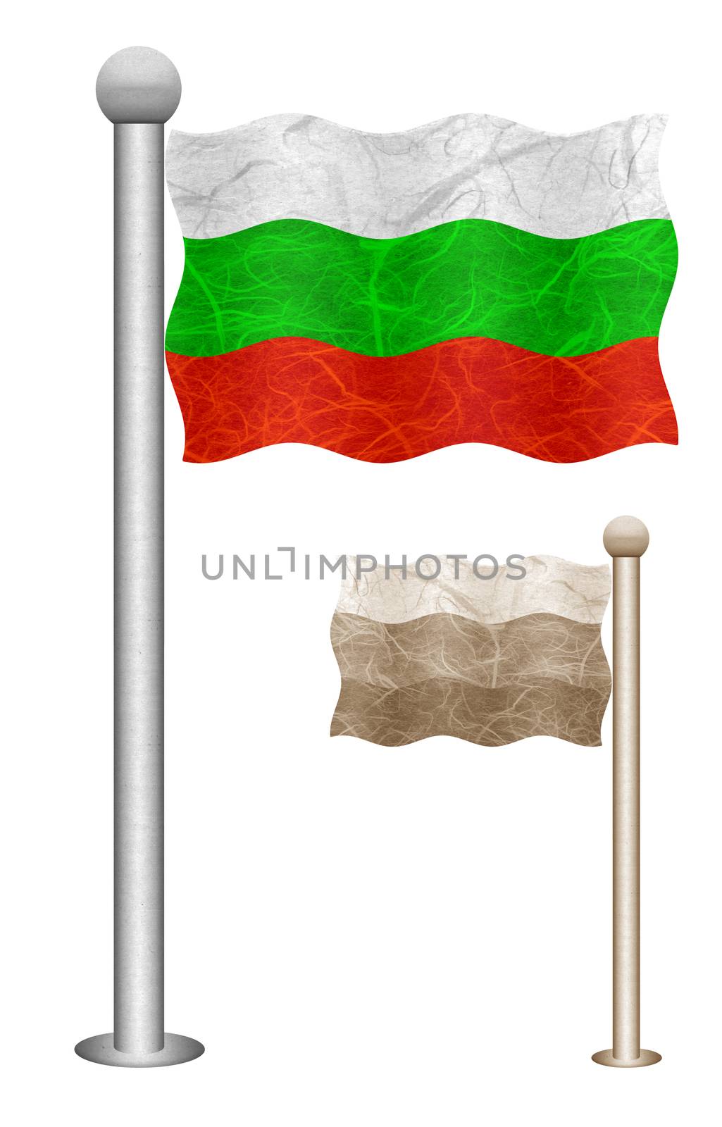 Bulgaria flag waving on the wind. Flags of countries in Europe. Mulberry paper on white background.