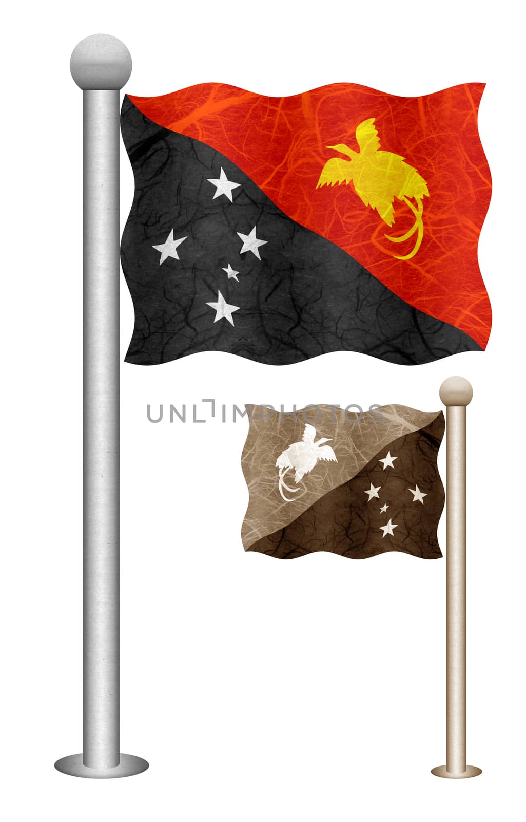 Papua New Guinea flag waving on the wind. Flags of countries in Oceania. Mulberry paper on white background.