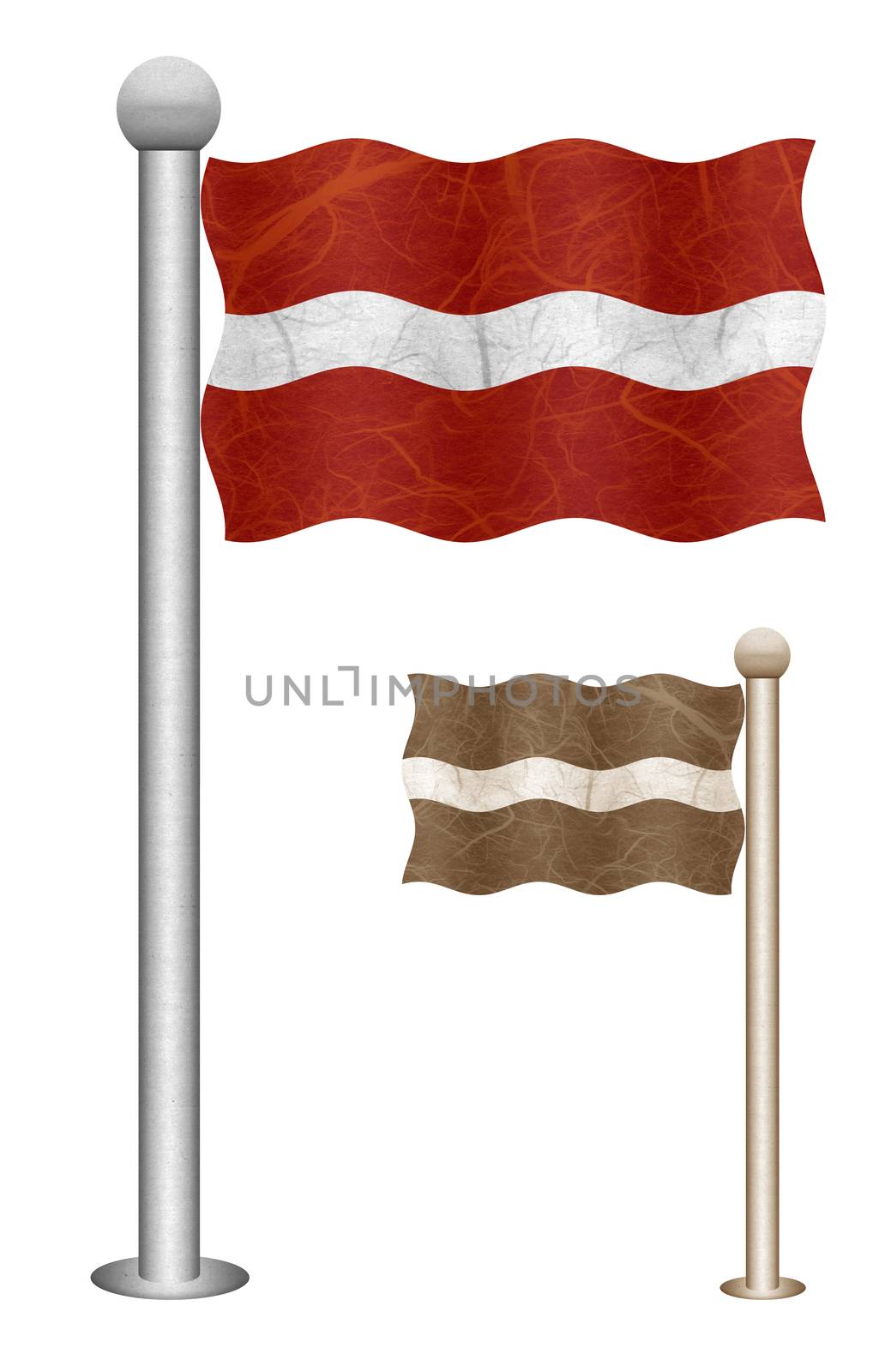 Latvia flag waving on the wind. Flags of countries in Europe. Mulberry paper on white background.
