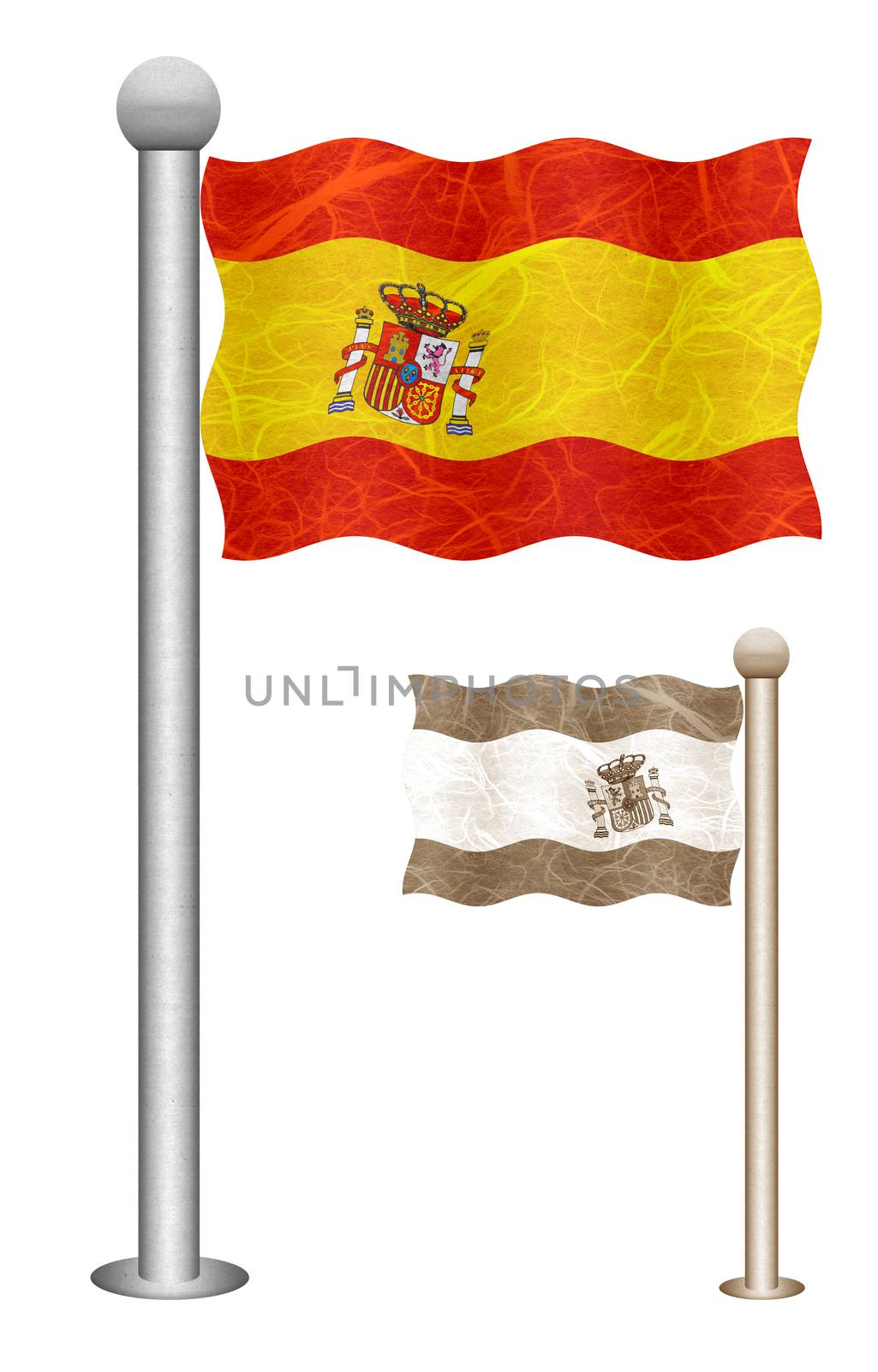 Spain flag waving on the wind. Flags of countries in Europe. Mulberry paper on white background.