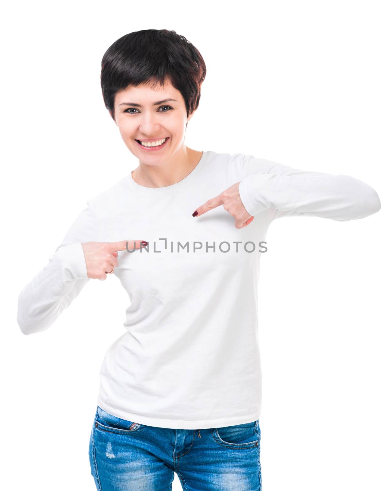 Shorthair woman showing a thumbs up on her blouse. Isolated on white