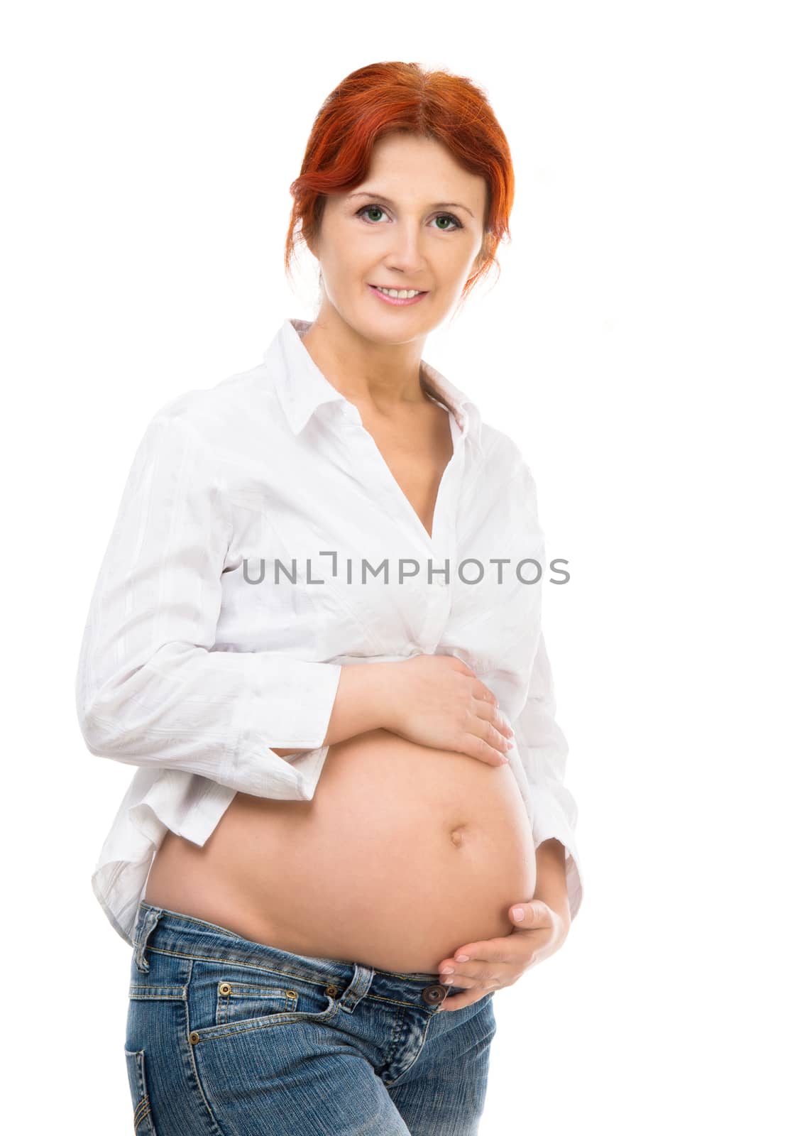beautiful pregnant woman isolated on white background