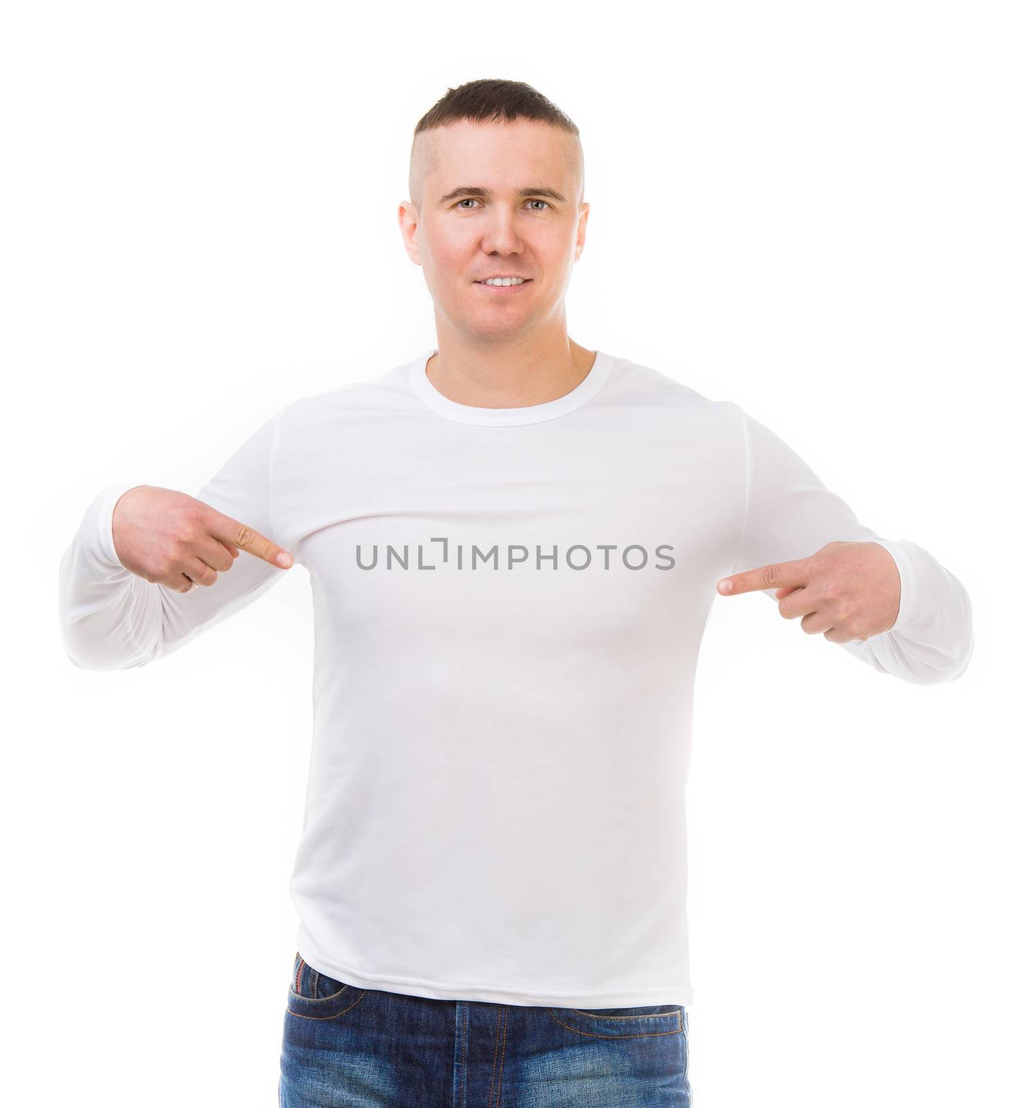 young man shows on white shirt with long sleeves isolated on white background