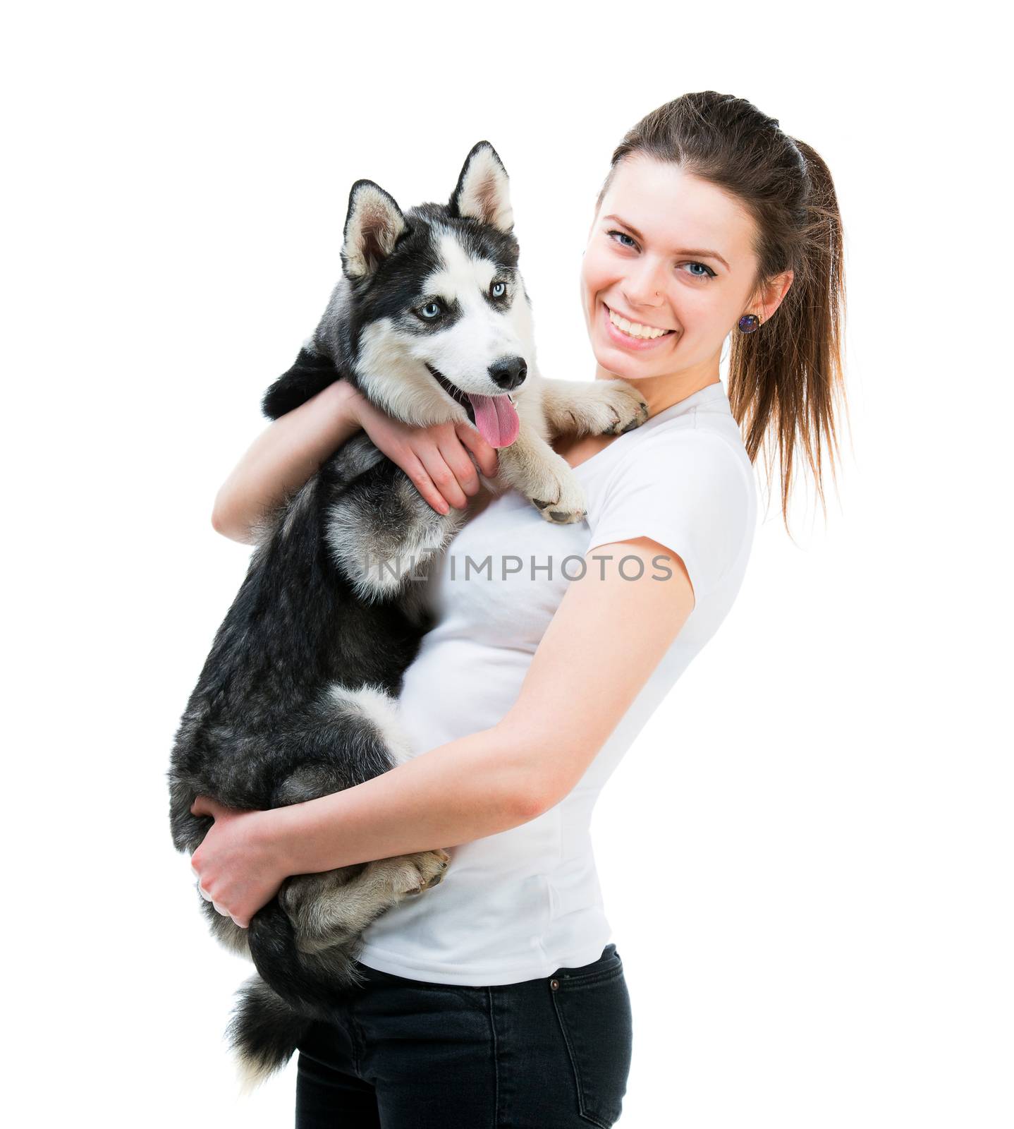 happy young girl and dog Husky by GekaSkr