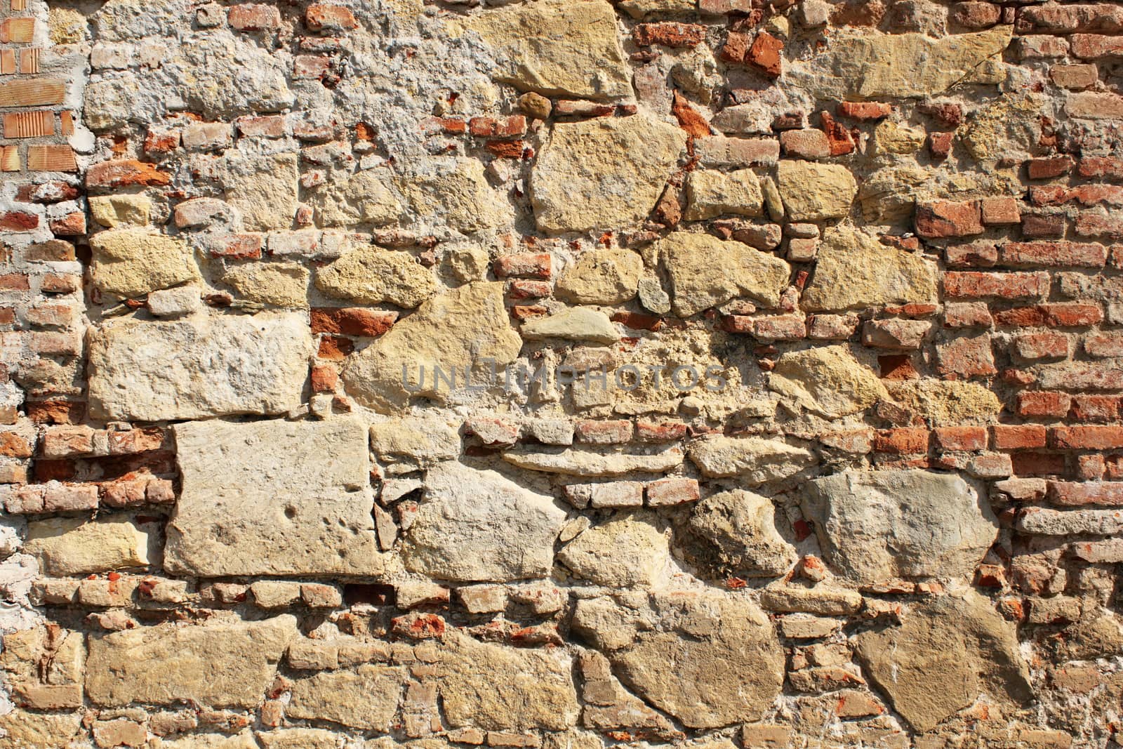 ancient exterior fortress wall built with rocks and bricks, texture