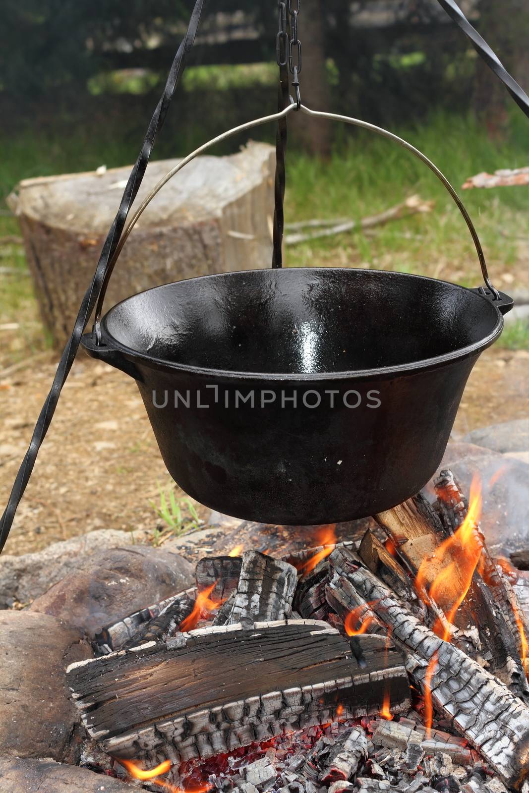 healthy cooking on ancient traditional big metal pot ( vintage black cauldron ) on camp fire