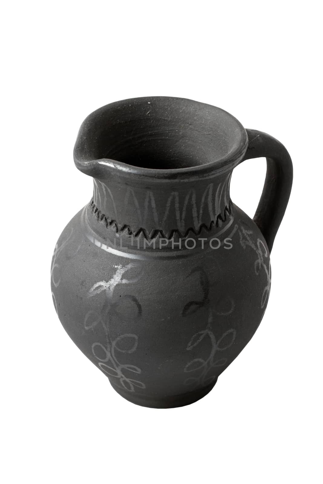 very old black burned  clay pot isolated over white background
