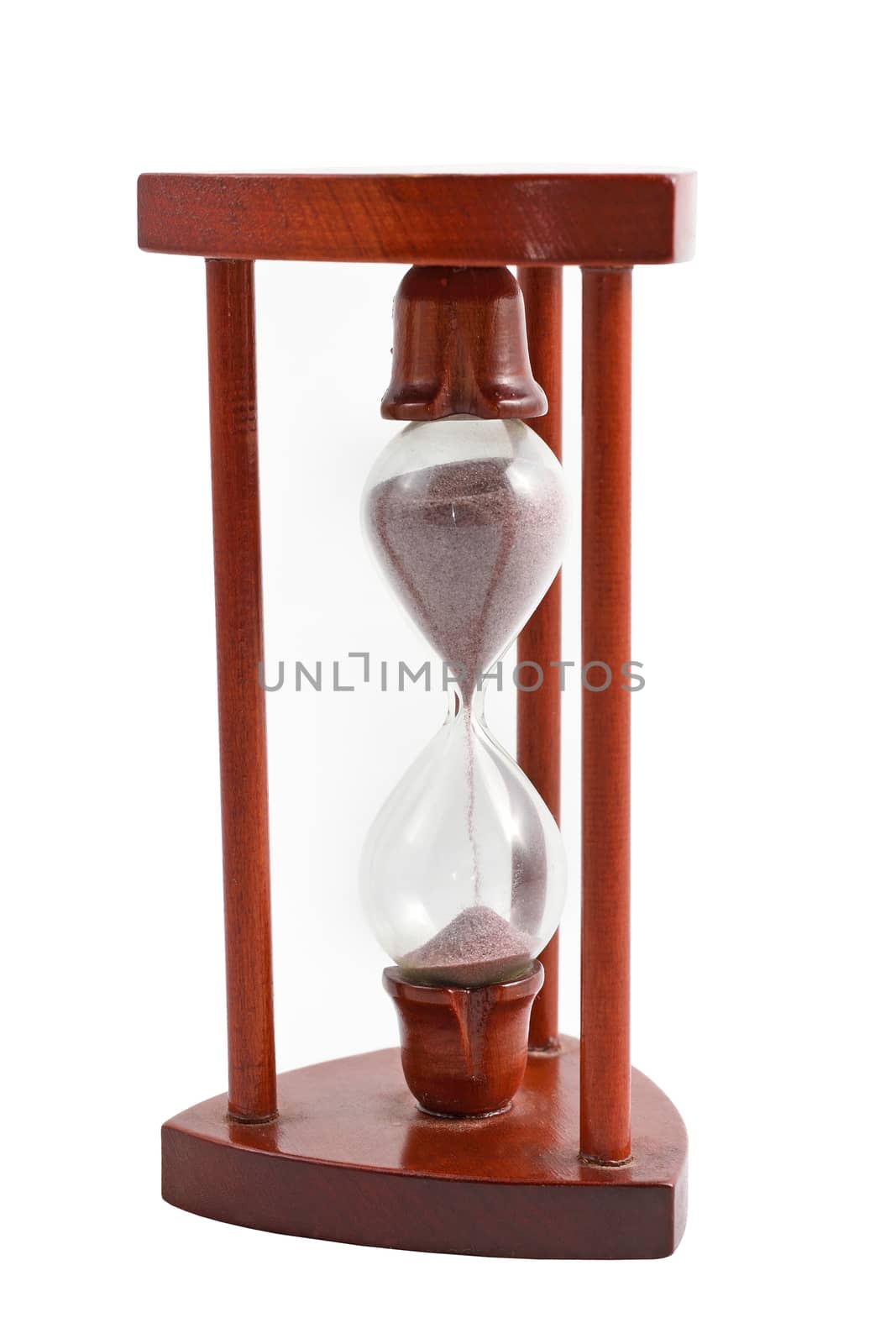 vintage wooden hourglass isolated over white background 