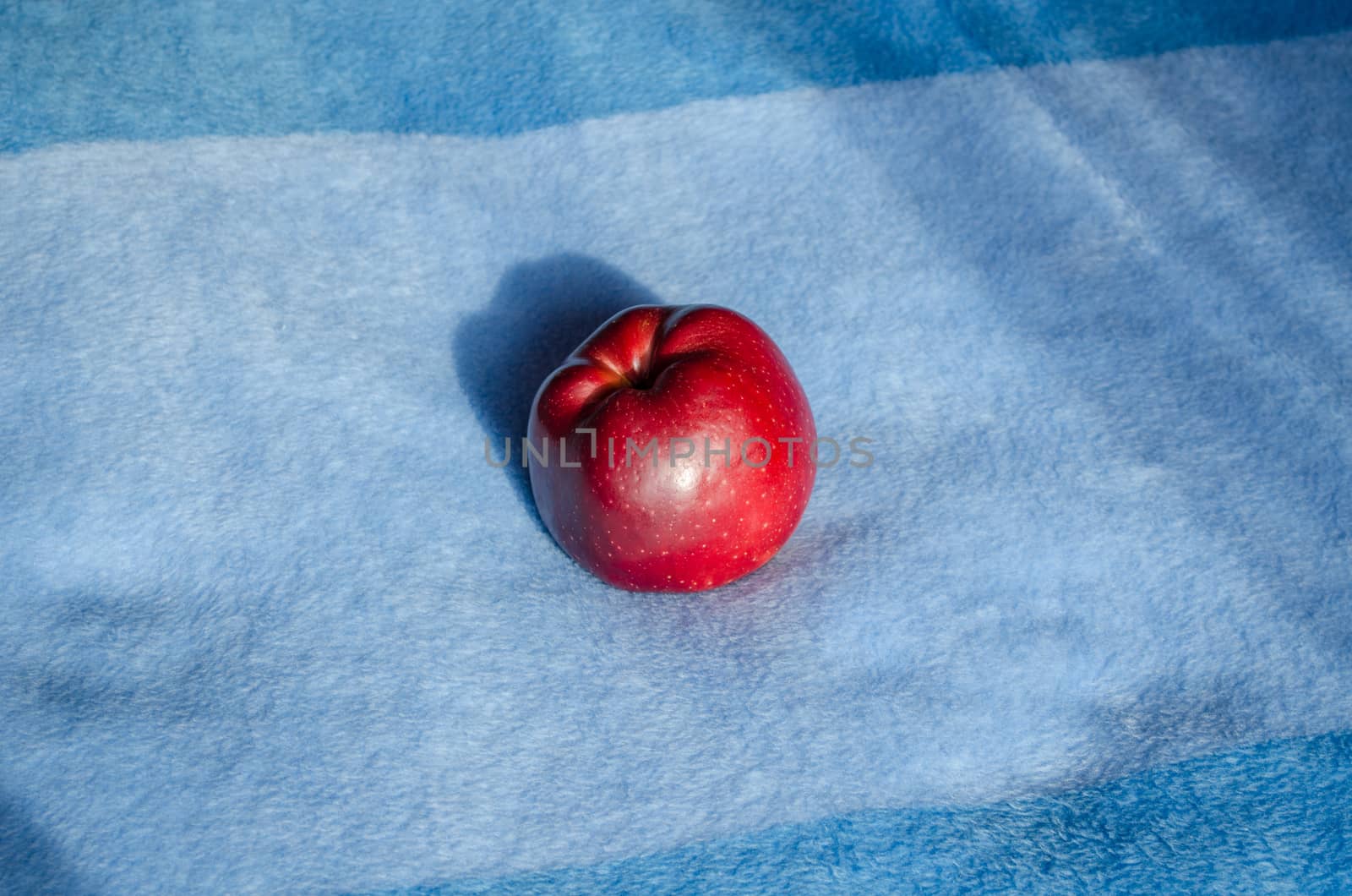 large red ripe apple lying on soft blue surface