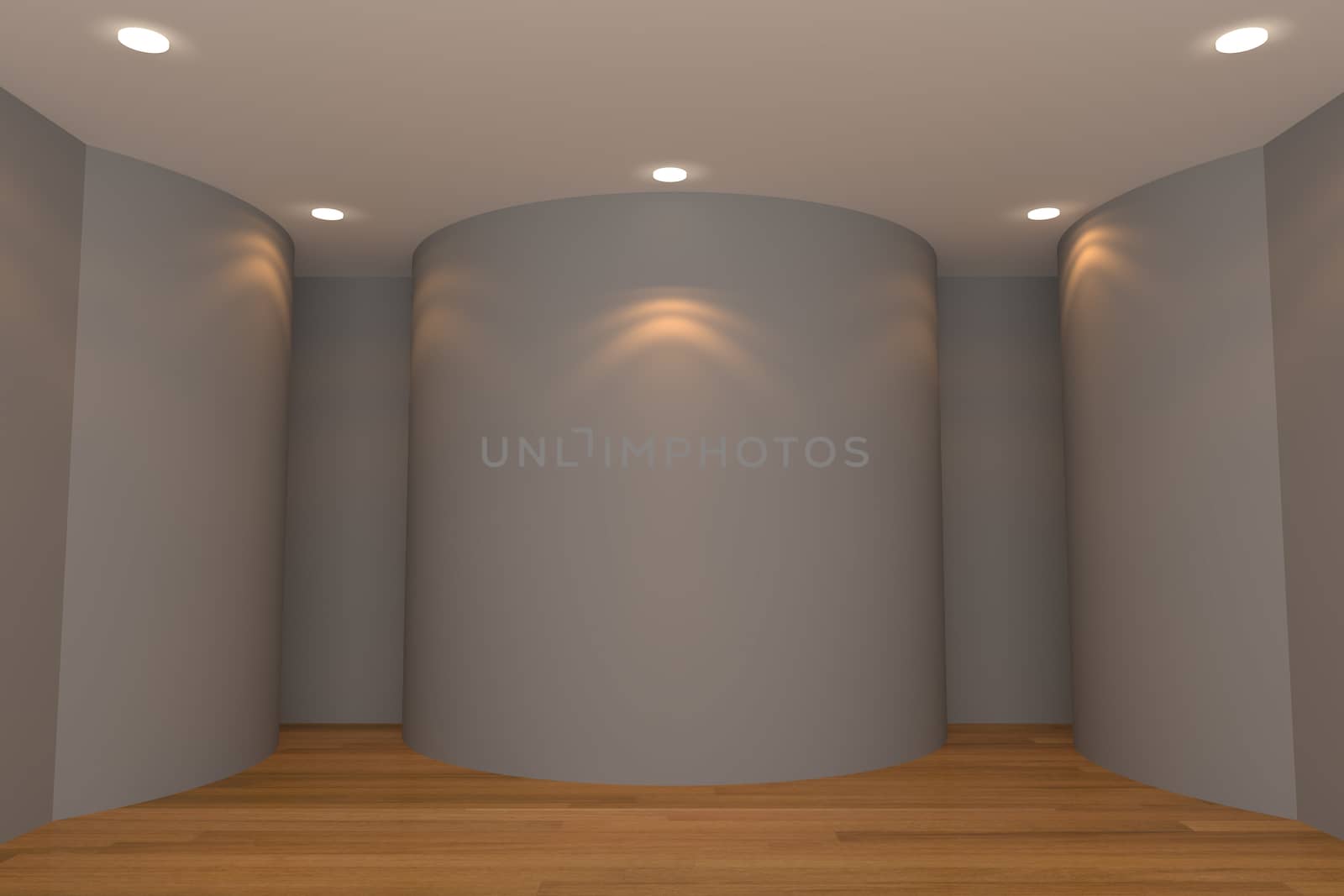 Interior rendering with empty room color curve wall and decorated with wooden floors.