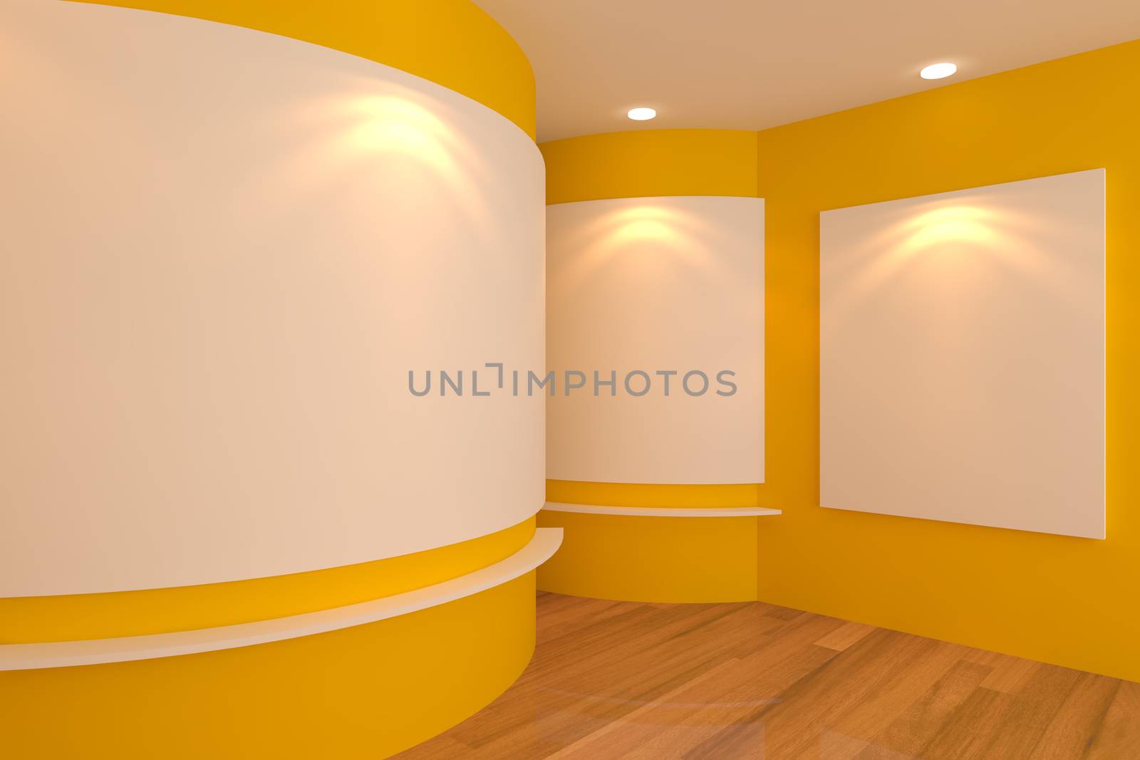 Empty room interior with white canvas on a yellow wall in the gallery.