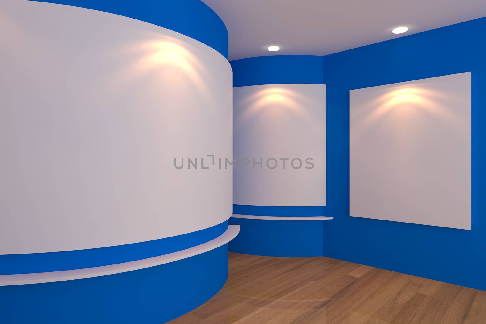 Empty room interior with white canvas on a blue wall in the gallery.