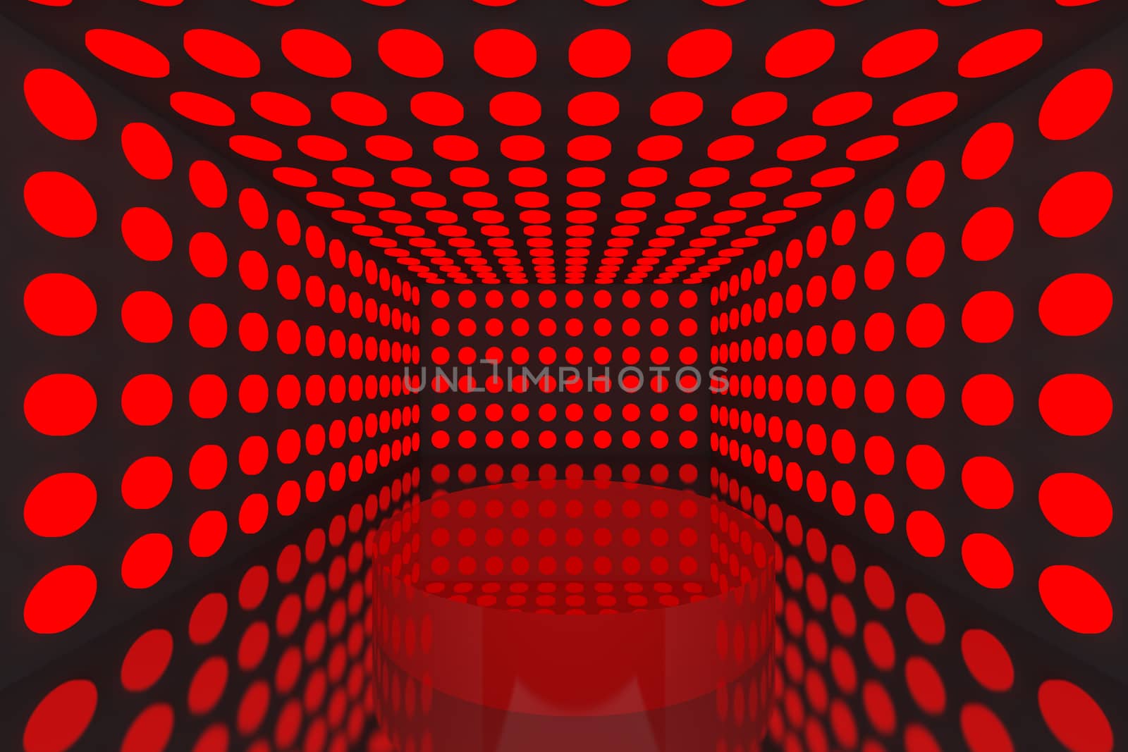 Podium in Empty room with abstract color red lighting sphere wall and black wall 