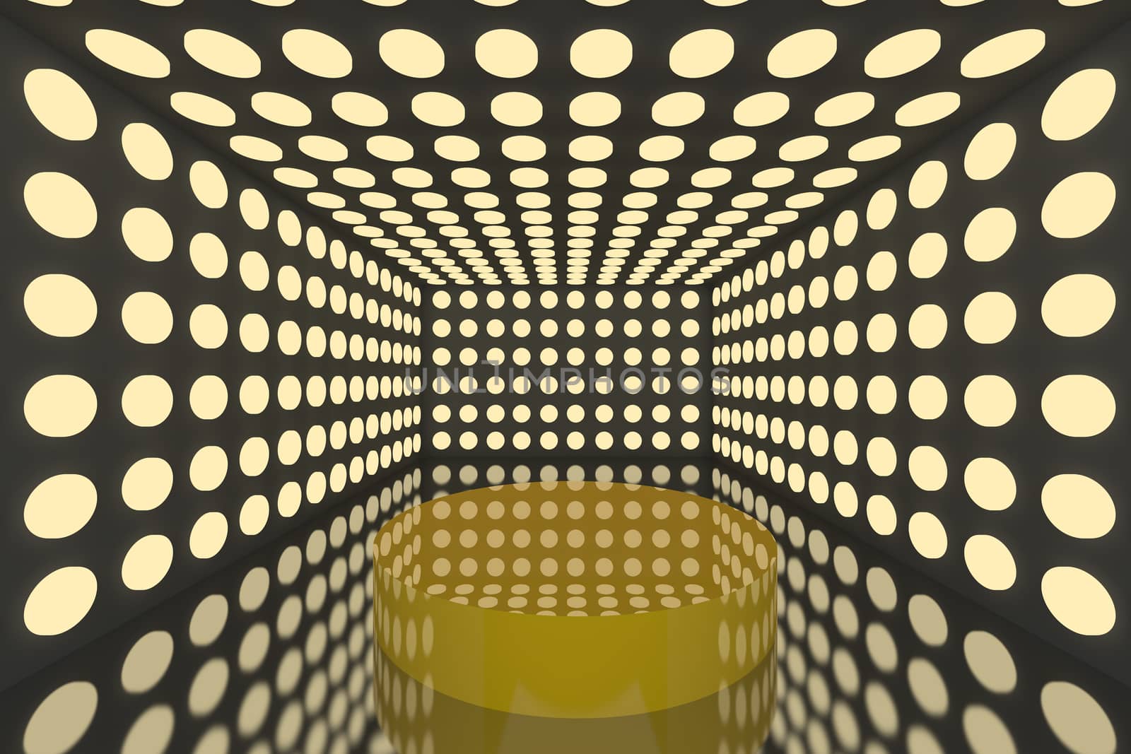 Podium in Empty room with abstract color yellow lighting sphere wall and black wall 