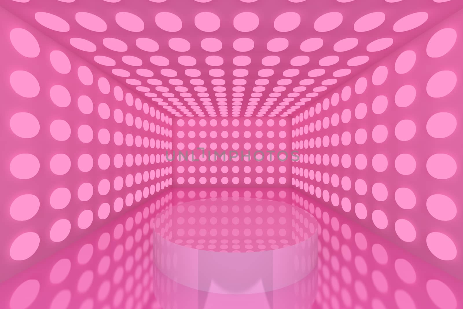 Podium in Empty room with abstract color pink lighting sphere wall and pink wall 