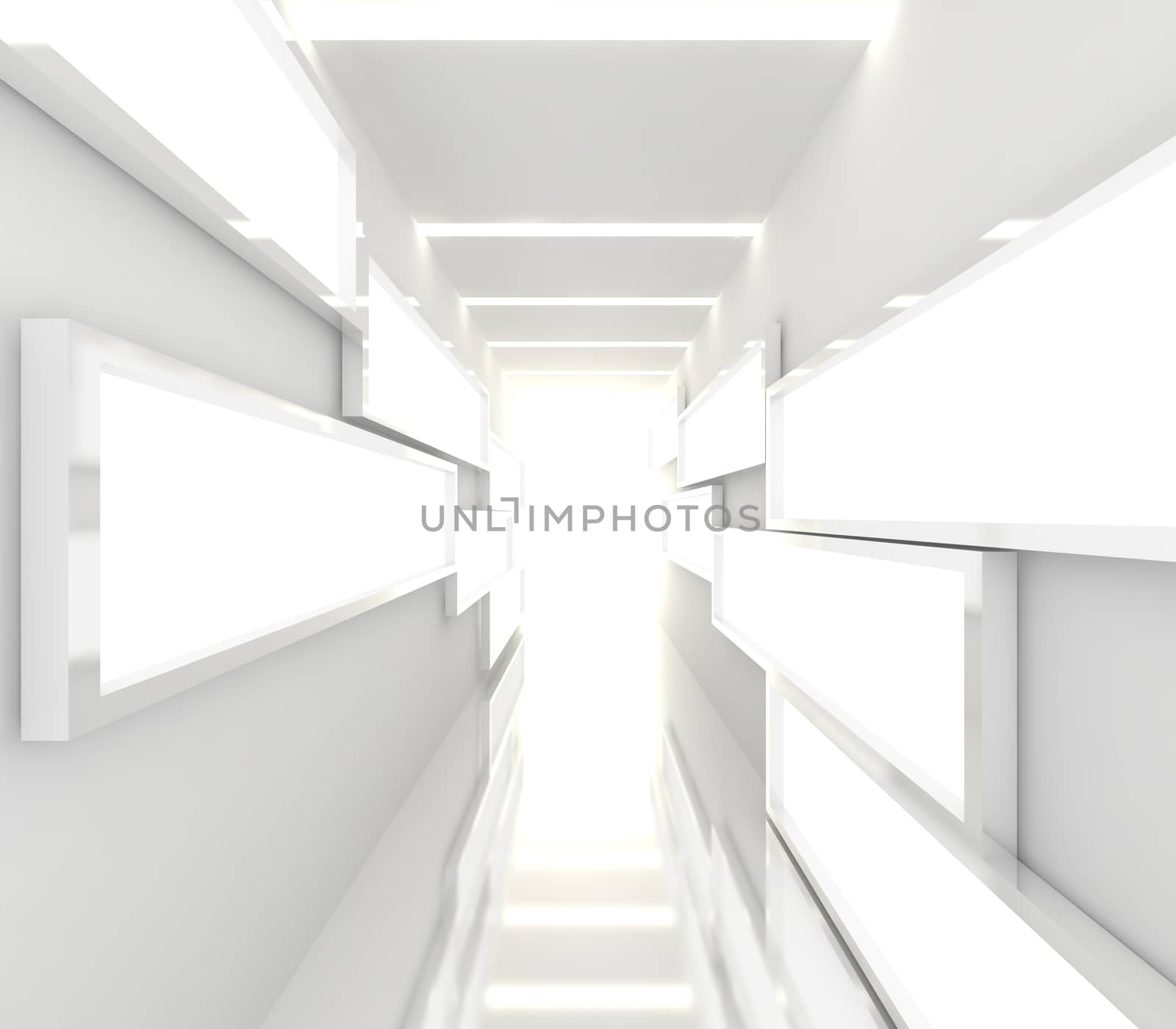 Abstract interior rendering with empty room color white box frame display.