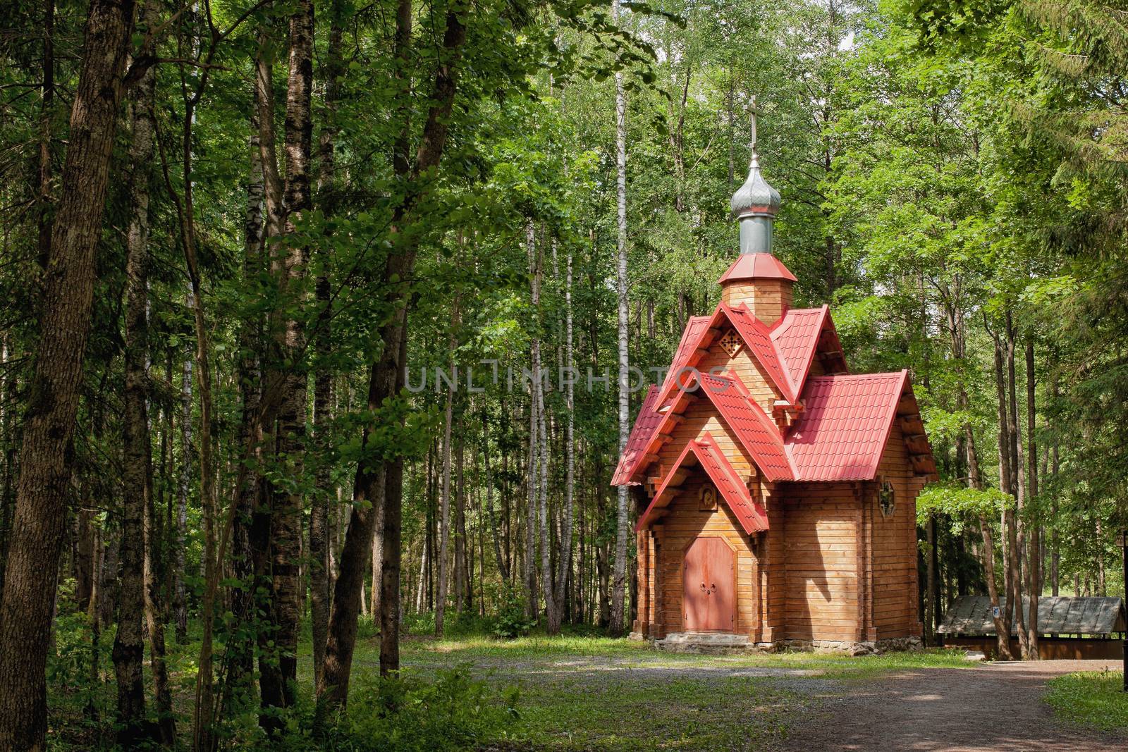 Wooden chapel in the wood in the Smolensk region Russia