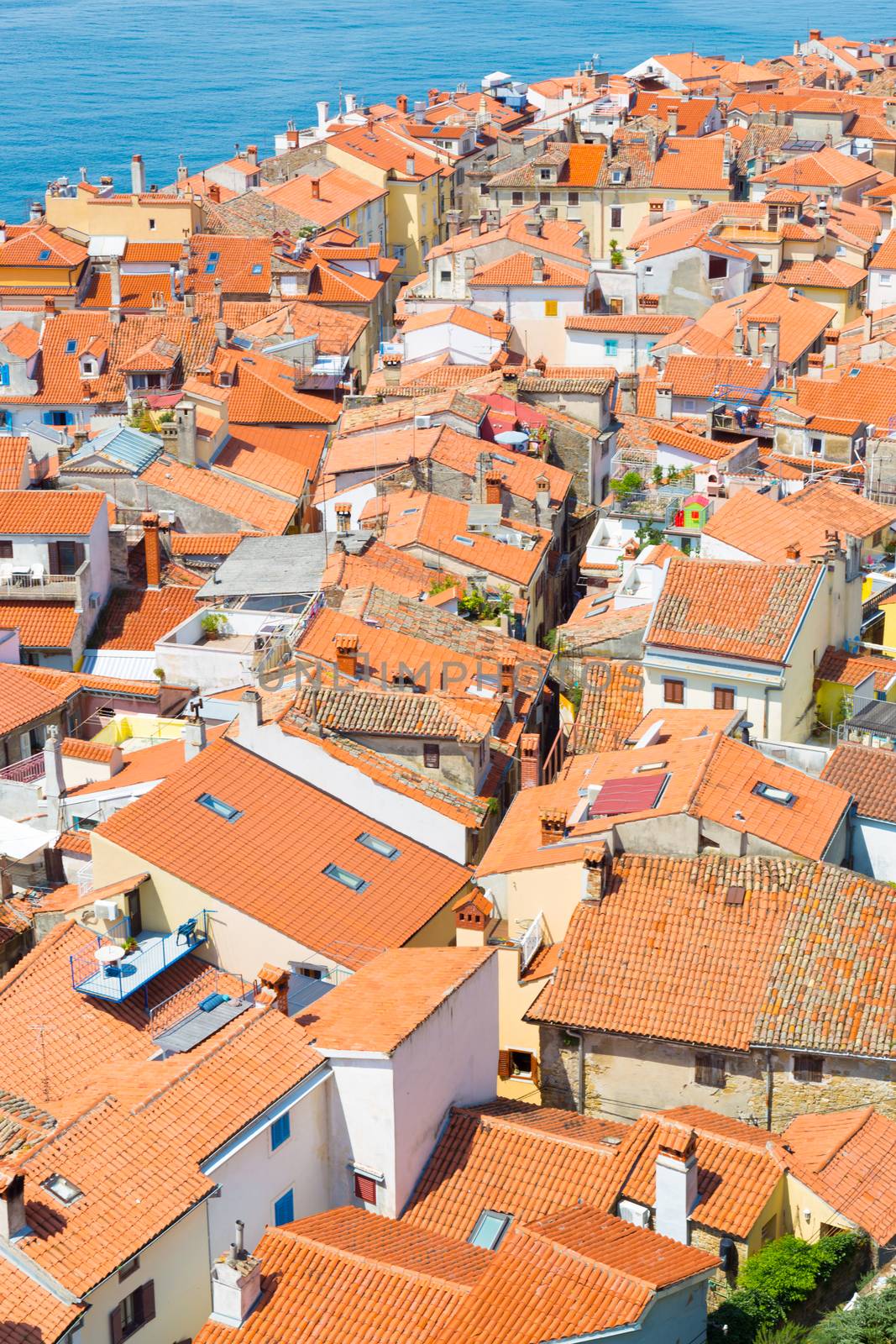 Picturesque old town Piran - beautiful Slovenian adriatic coast. Aerial view of Tartini Square.