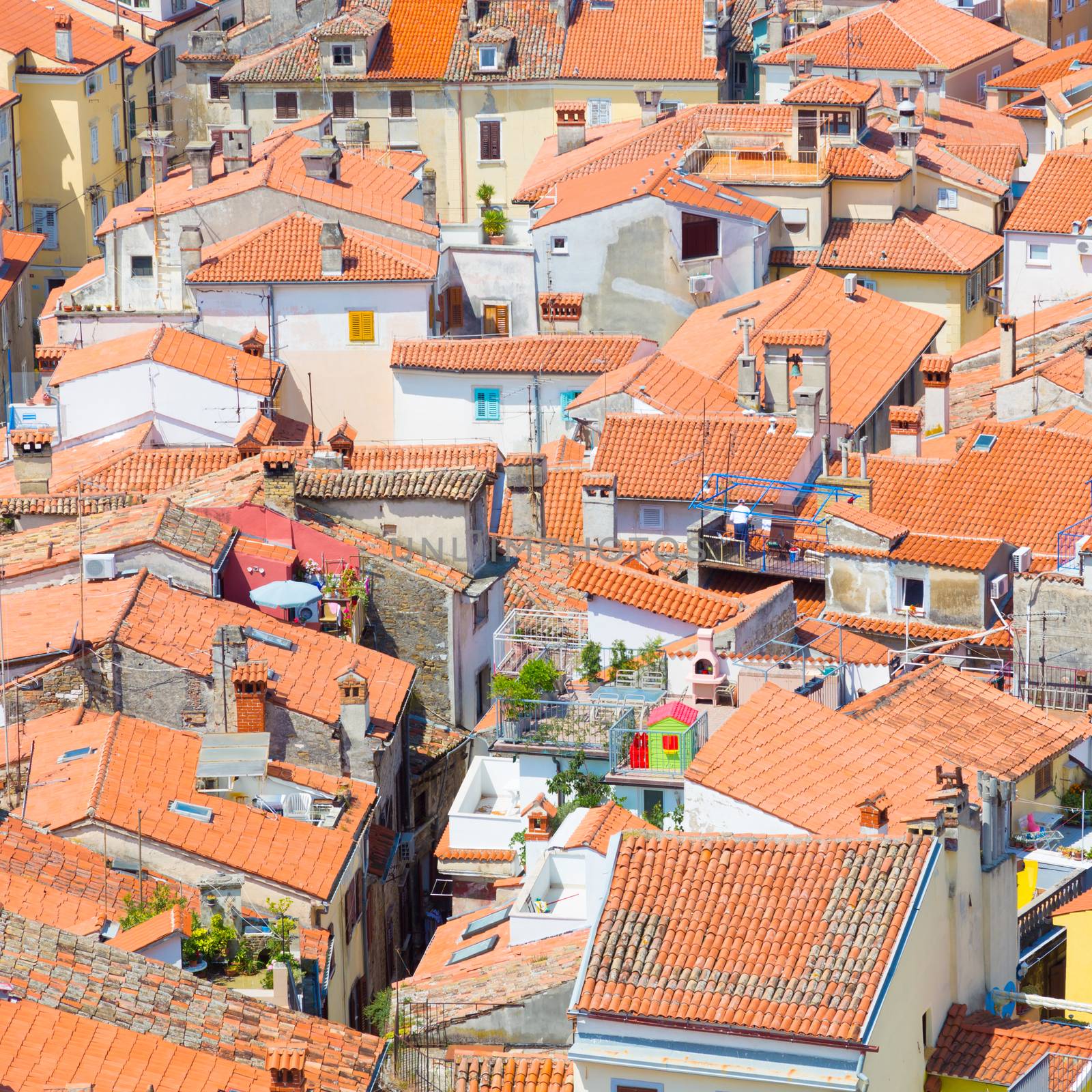 Picturesque old town Piran - beautiful Slovenian adriatic coast. Aerial view of Tartini Square.