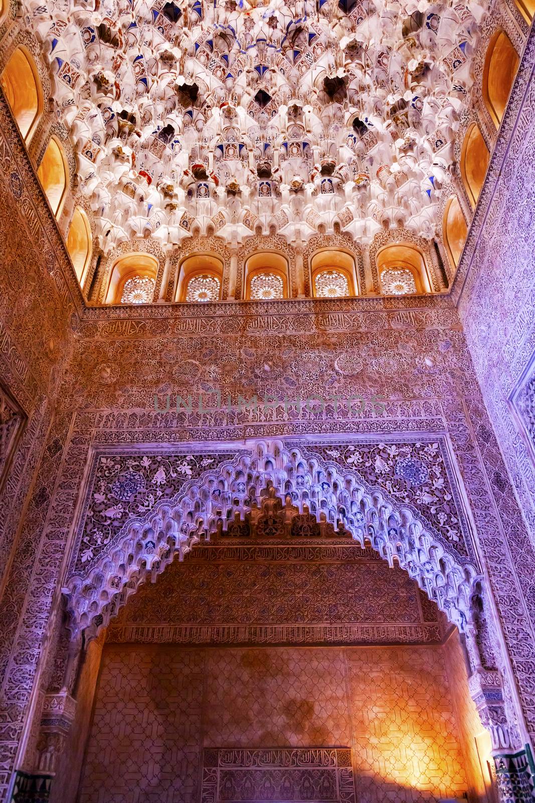 Square Shaped Domed Ceiling Arch Sala de los Reyes Alhambra Moorish Wall Windows Blue Arch Patterns Designs Granada Andalusia Spain  