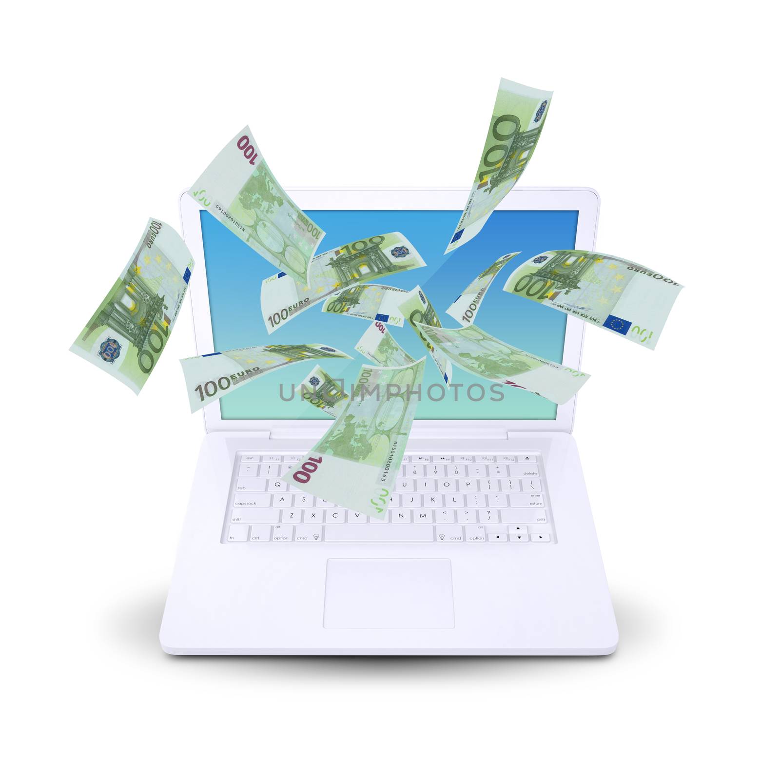 Euro notes flying around the laptop. Isolated on white background
