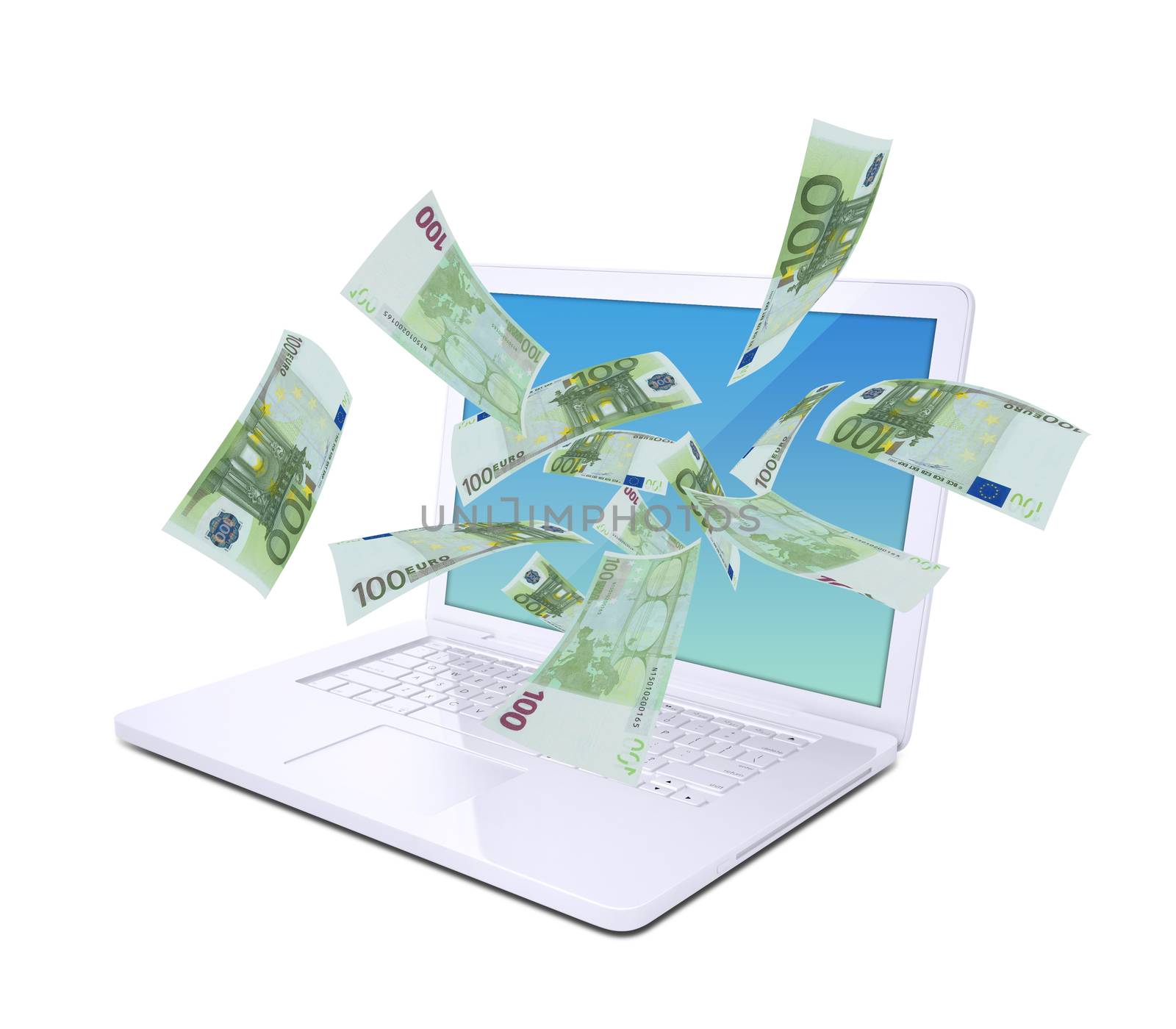 Euro notes flying around the laptop by cherezoff