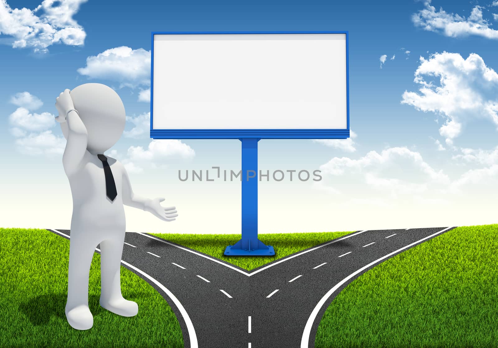 3d white man and large blank billboard. Fork in the road on background
