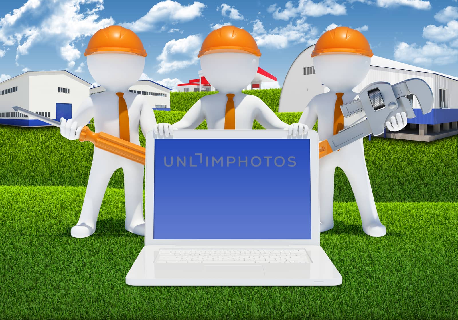 Three 3d white people with tools and laptop by cherezoff