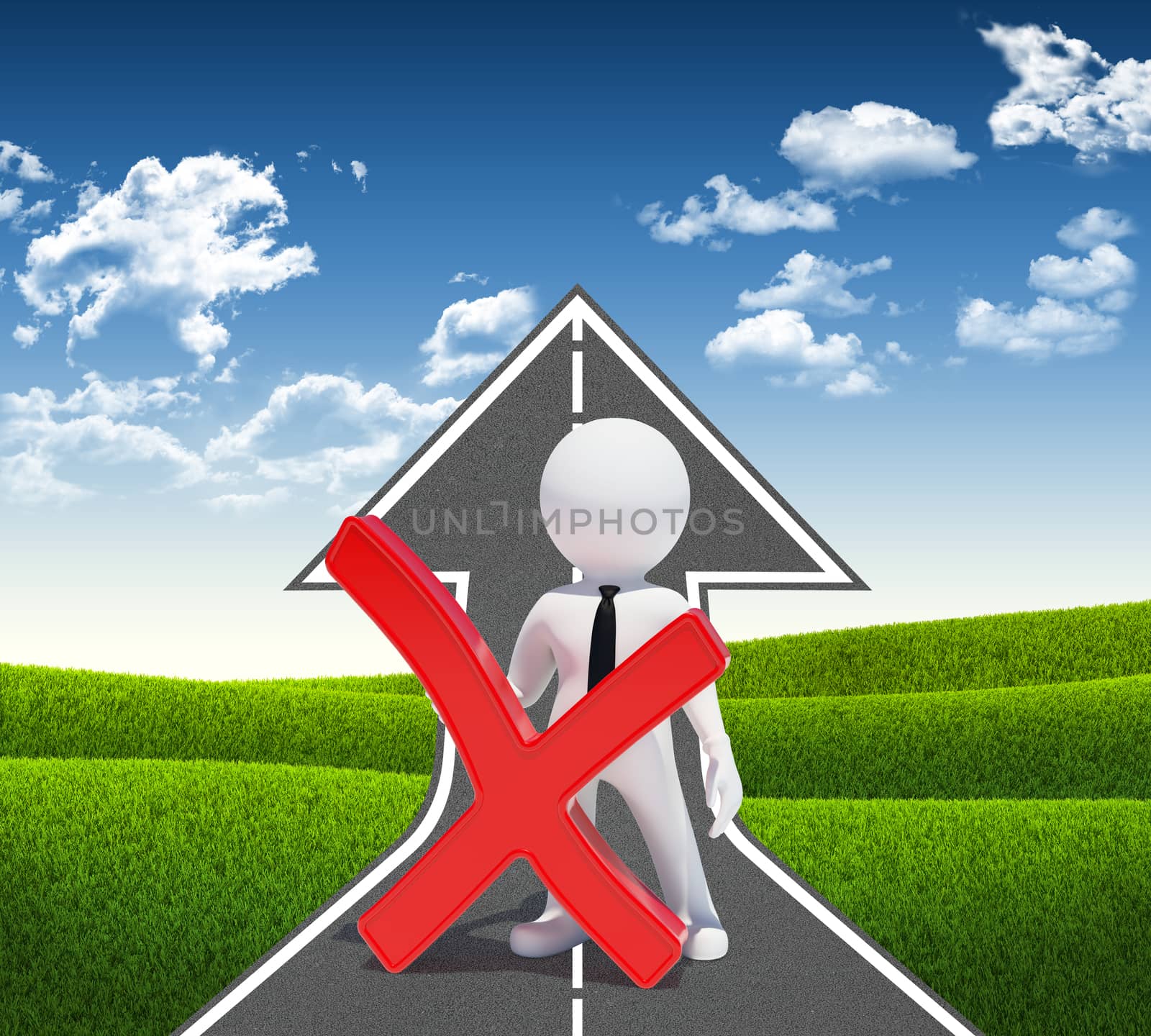3d white man with prohibition sign. Road climbs up. Field of grass and sky as background