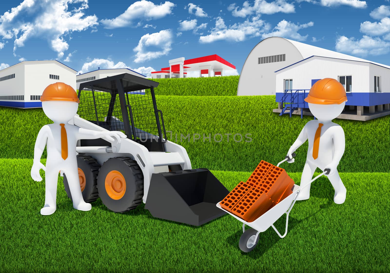 Two 3d white workers with construction loader and wheelbarrow. Industrial buildings as background