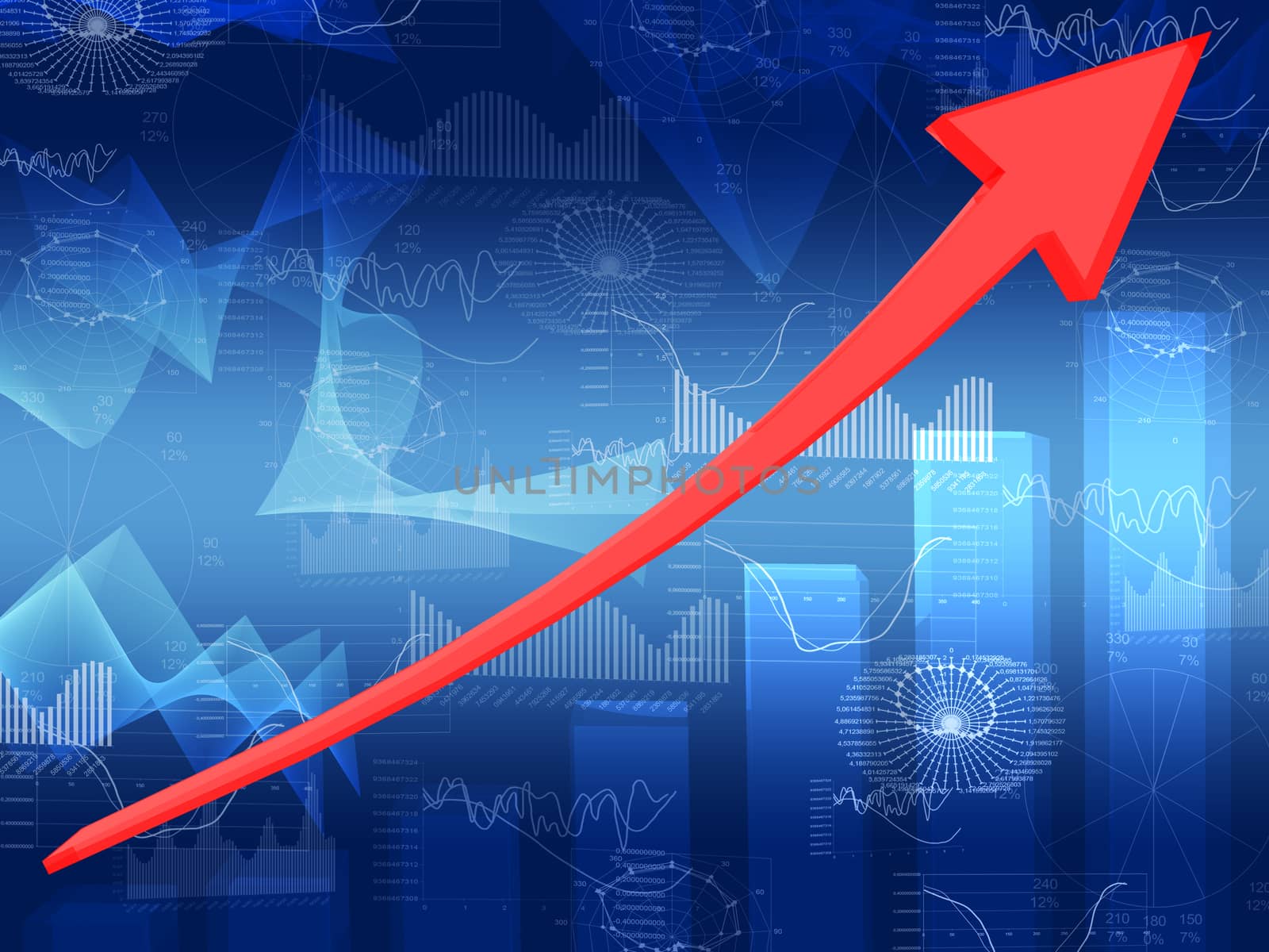 Red arrow and glowing graphs. Hi-tech technological background