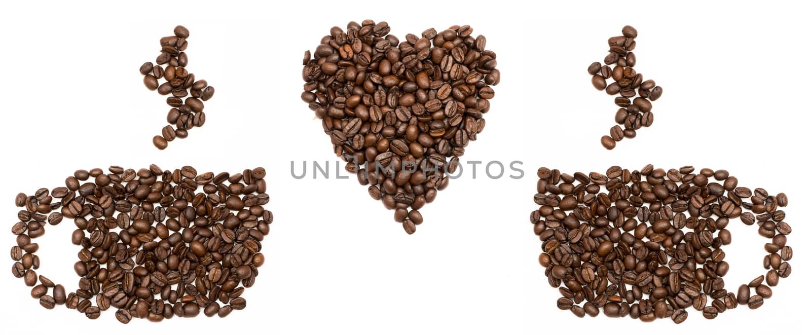 Beans are stacked in the shape of cups and heart. Isolated on white background
