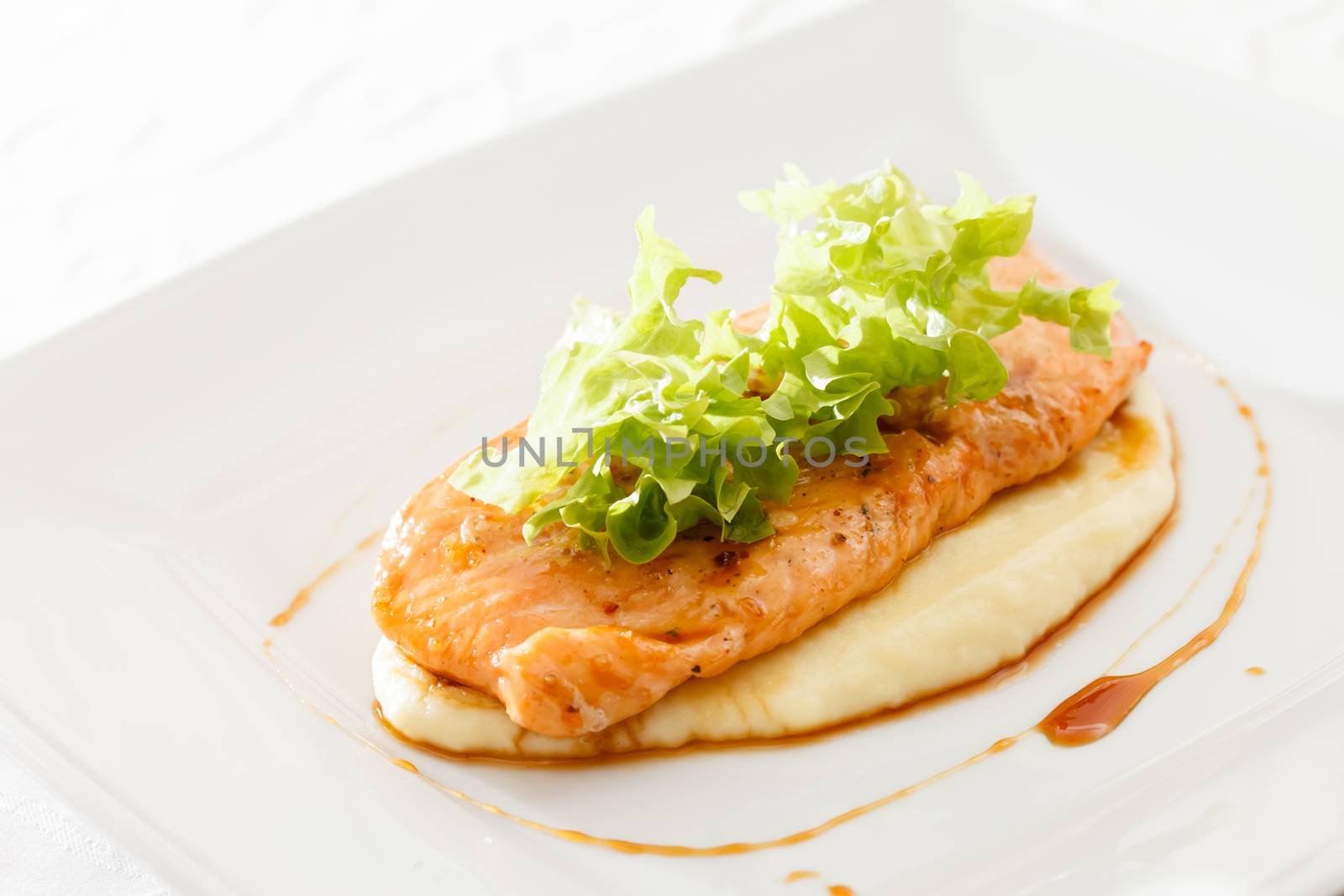 salmon steak with mashed potatoes