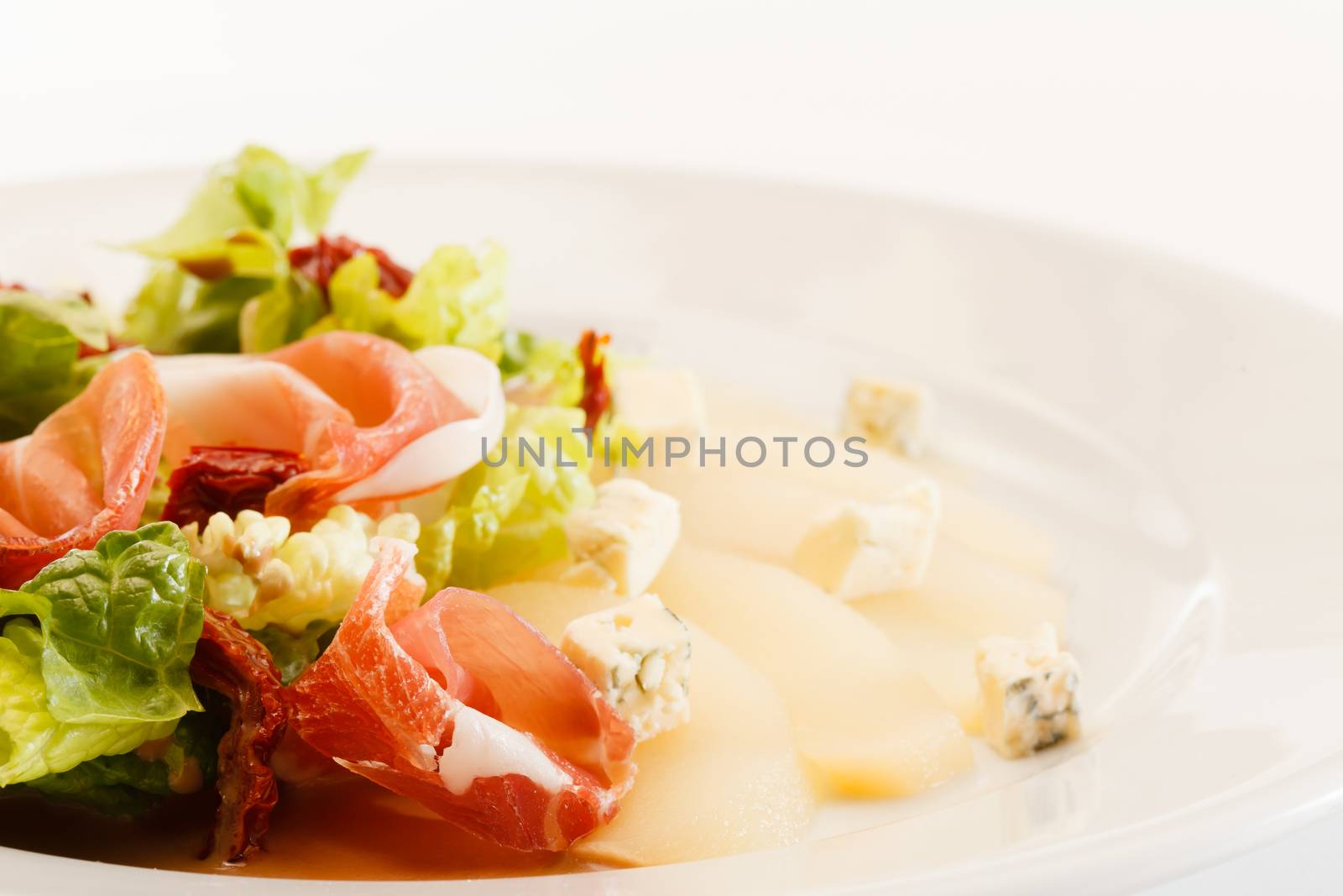 appetizer with pear, cheese and ham by shebeko