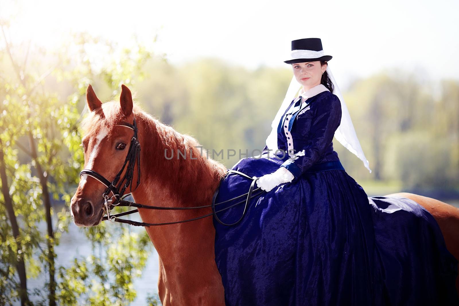 Lady on a  horse. The lady on riding walk. Portrait of the horsewoman. The woman astride a horse. The aristocrat on riding walk.