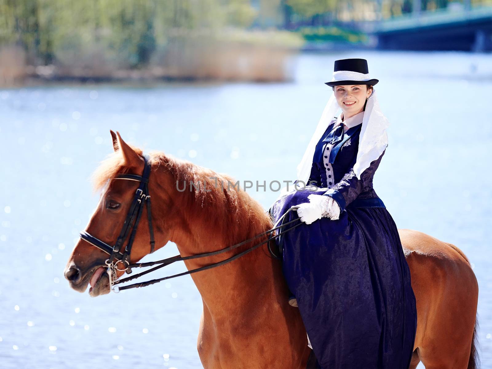 Lady on a  horse. The lady on riding walk. Portrait of the horsewoman. The woman astride a horse. The aristocrat on riding walk.