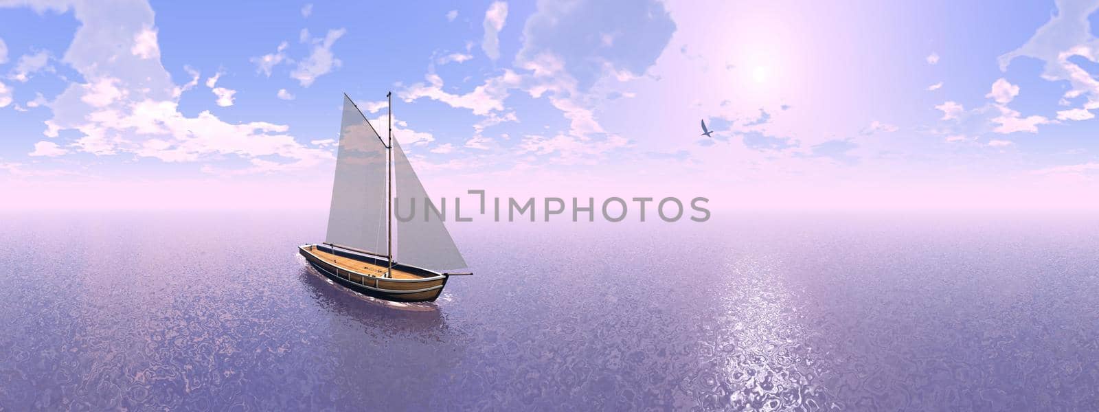 One sailing boat floating on the water next to seagull by sunset, 360 degrees effect