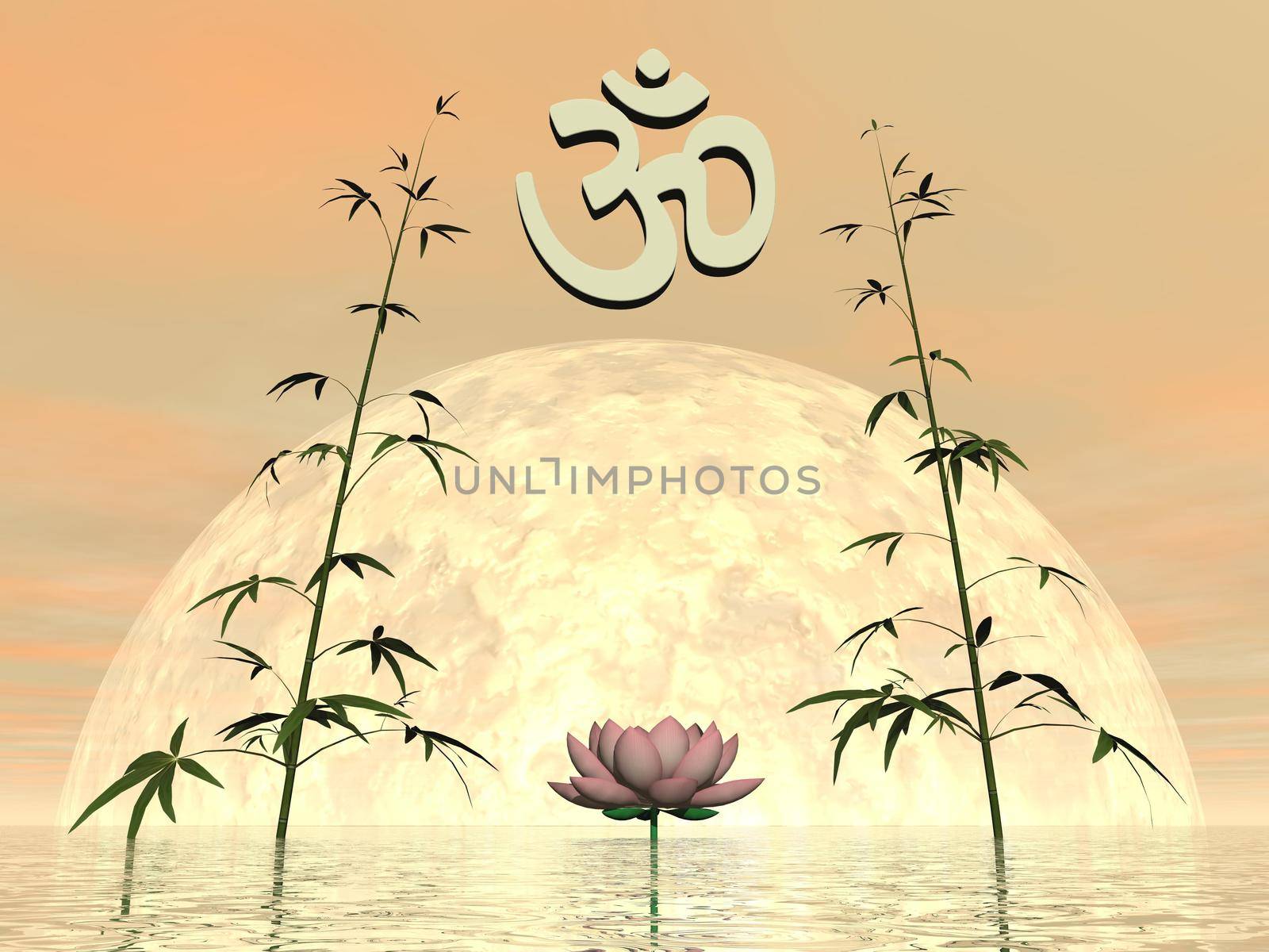 Aum upon one lily flower and between bamboos in front of moon