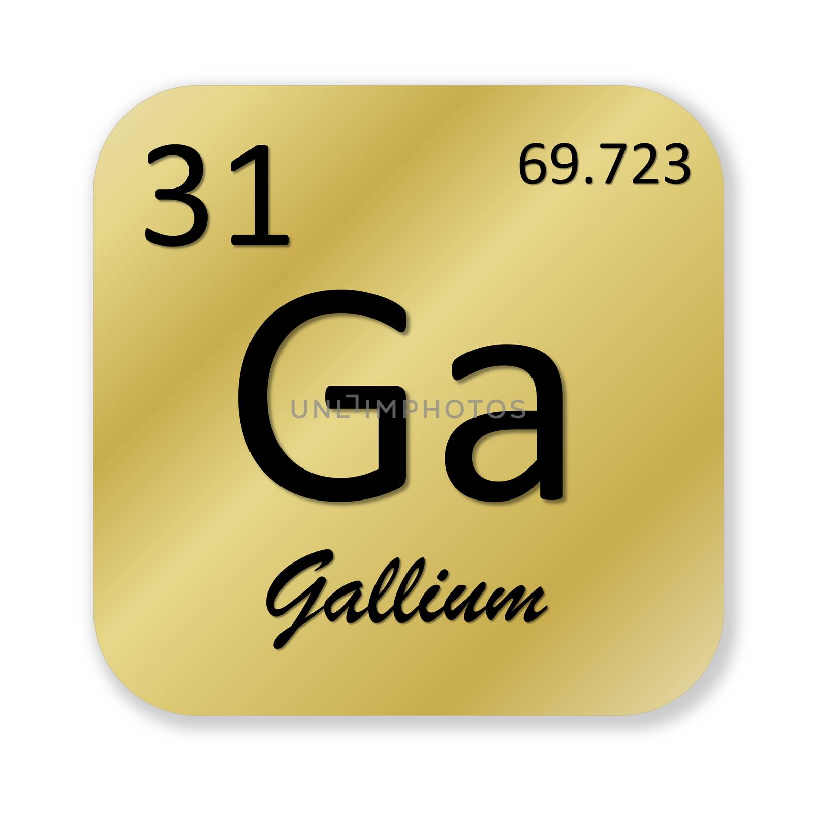 Black gallium element into golden square shape isolated in white background