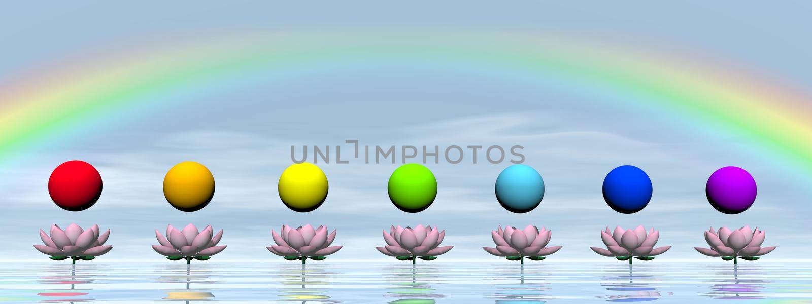 Colorful spheres for chakras upon beautiful lily flowers and water by day with rainbow